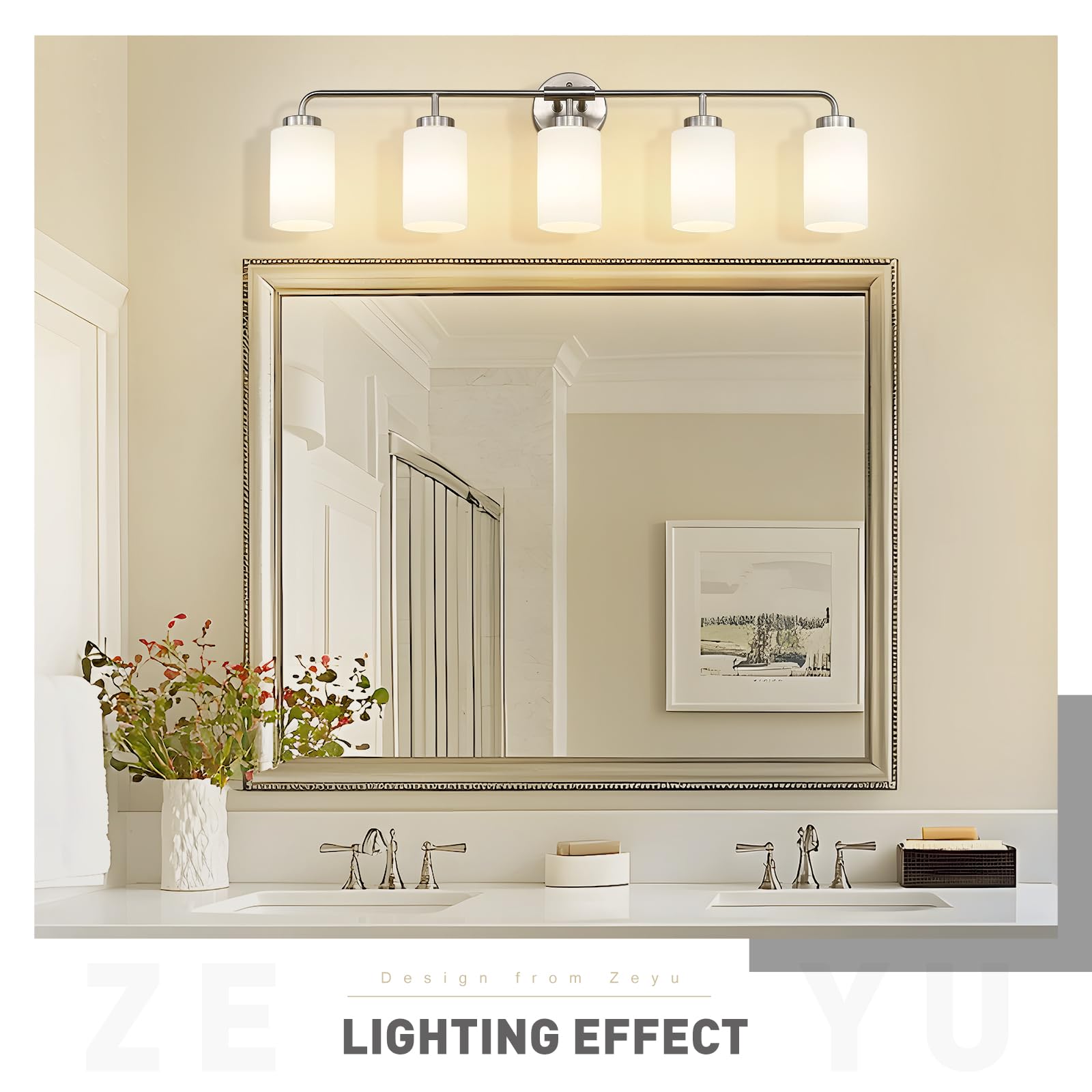 Zeyu Modern Bathroom Wall Sconce  5-Light Wall Mirror Light  Vanity Lighting Over Mirror  Brushed Nickel Finish With Milky White Glass Shade  Zs62B-5W Bn