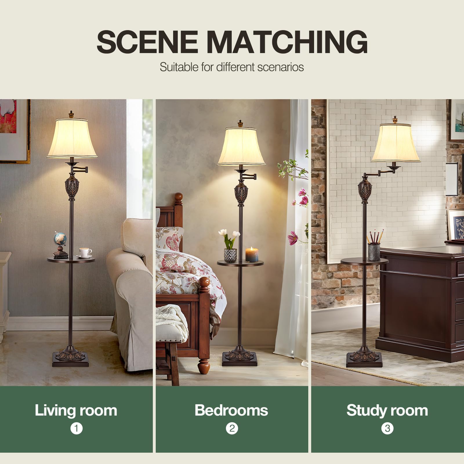 Traditional Led Floor Lamp With 350? Adjustable Swing Arm Lamp - Vintage Standing Pole Lamp For Living Room, Bedroom And Office