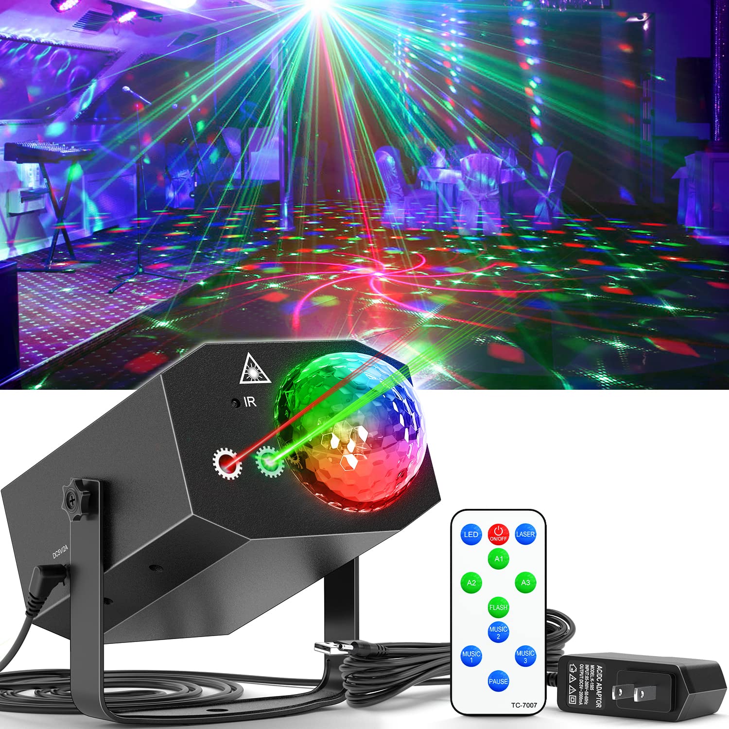 caivimvn Party Lights DJ Disco Ball Light, LED Strobe Projector, Sound Activated, Black, Model TC-7007-3, Plastic Shell for Parties & Events