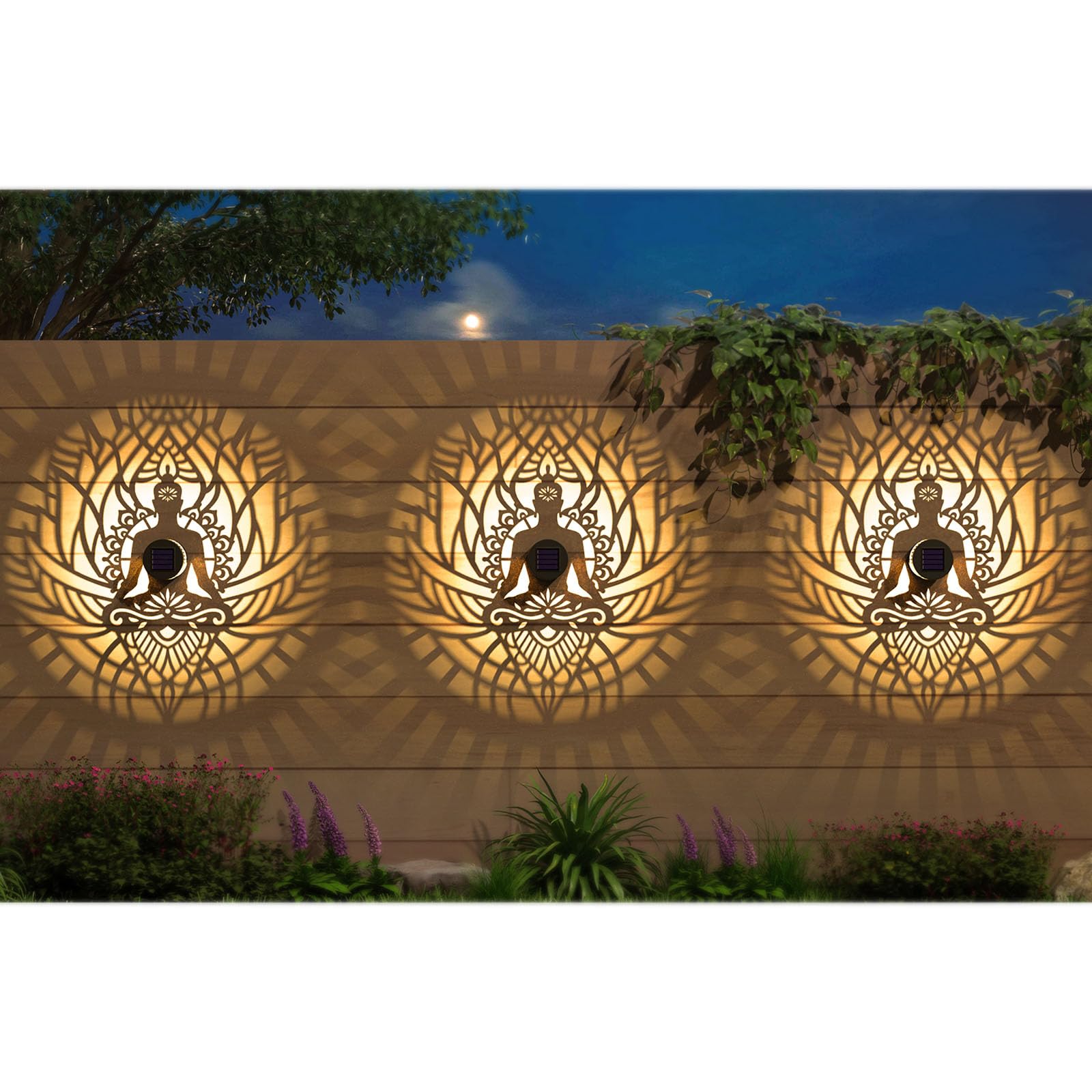 Gardencave Solar Fence Lights - 4 Pack Zen Theme Waterproof Outdoor Decor for Garden, Patio, Deck, Model Fence1