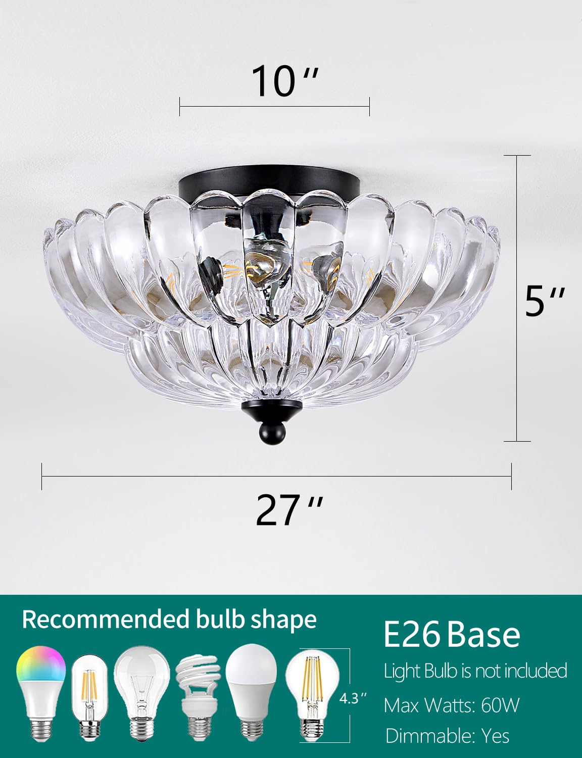 SIJINCHEN 3-Light Semi Flush Mount Ceiling Light Fixture, Vintage Crystal Glass, 11.8" Clear, Black Metal Frame, Model SJC-XDD04