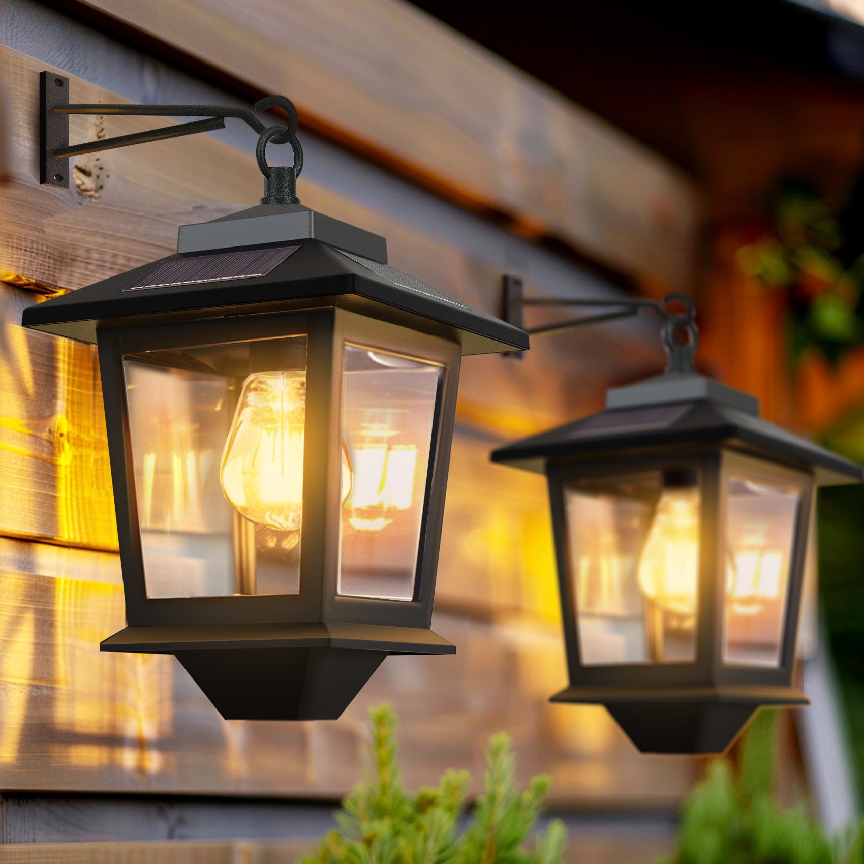 2 Pack Solar Wall Lanterns with Replaceable Bulb Outdoor Hanging Lights with 4 Solar Panels Dusk to Dawn Led Outdoor Wall Sconce  Anti-Rust Waterproof Lanterns with Hooks 3000K Warm White