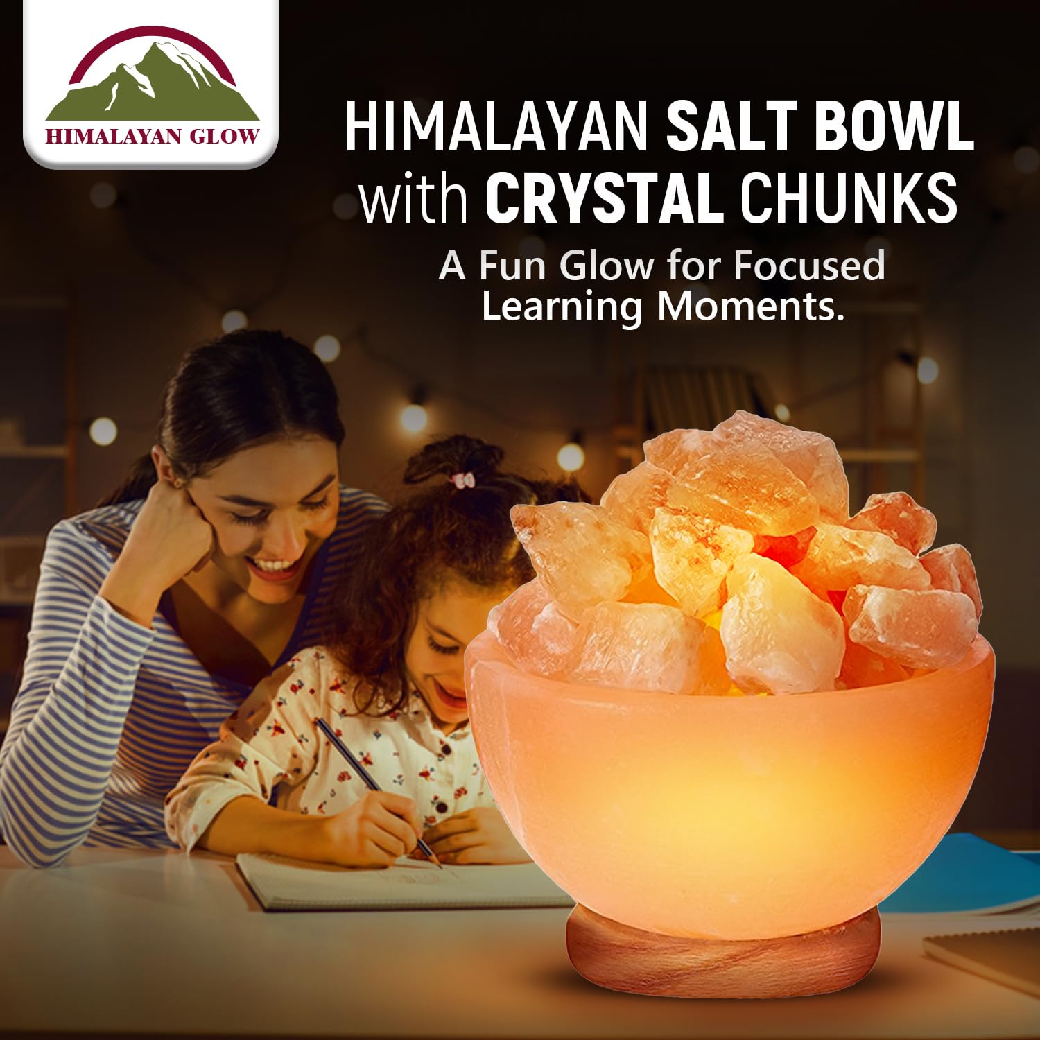 Himalayan Glow Massage Bowl Lamp with Natural Salt Crystal Chunks, Dimmer Cord with Classic Wood Base - Natural Crystal Salt Lam