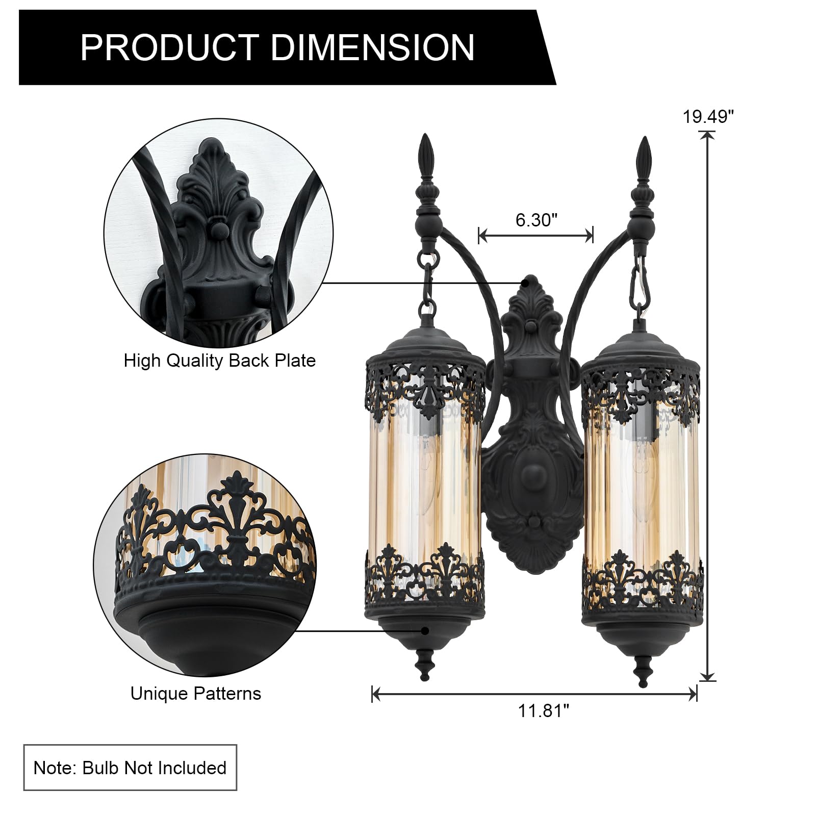 Ronghuafugui Rustic Wall Sconce, Black Antique 2-Light Vintage Lantern For Bedroom & Living Room