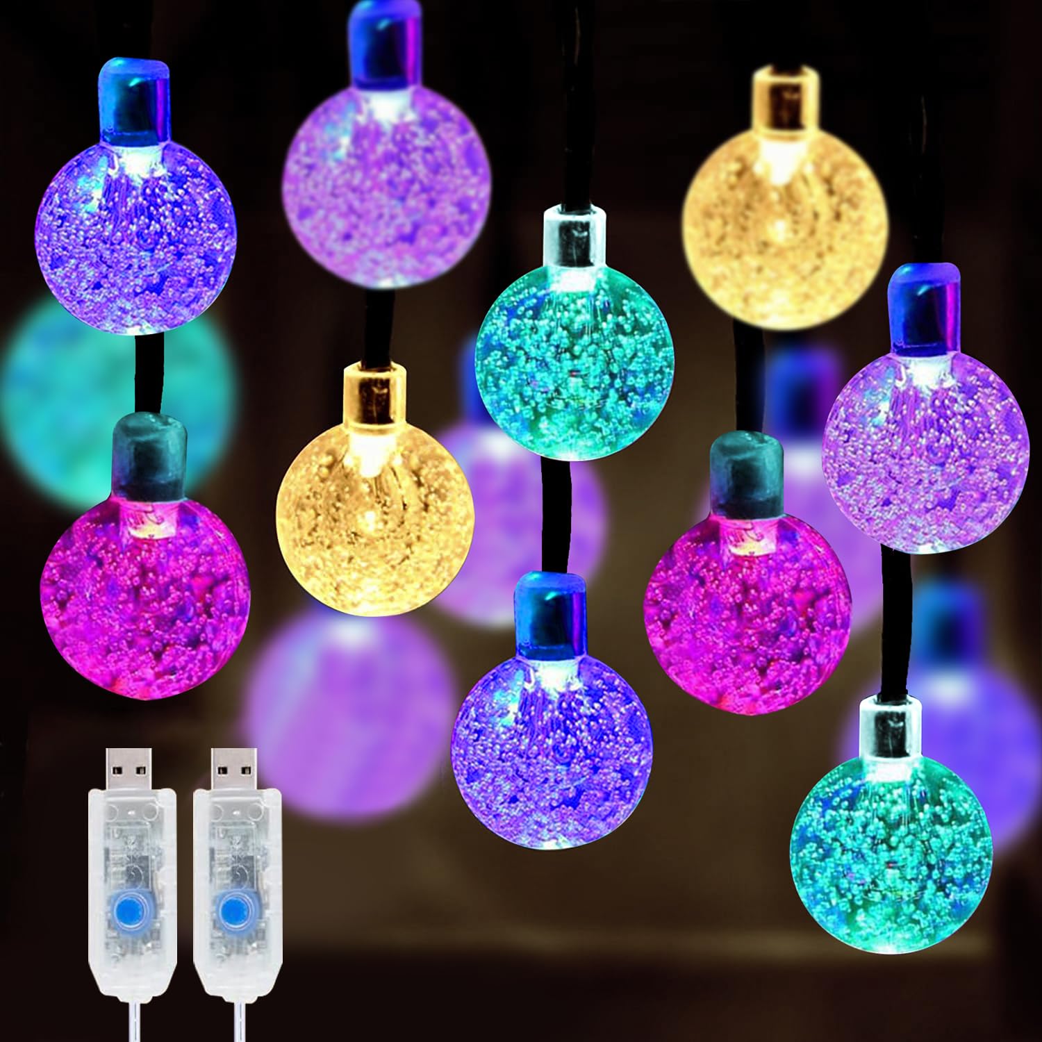 USB Globe String Lights 2 Pack 200 LED 80Ft Multi-Color Fairy Lights with 8 Lighting Modes Waterproof Twinkle Lights for Christmas Bedroom Wedding Party Xmas Tree Decoration