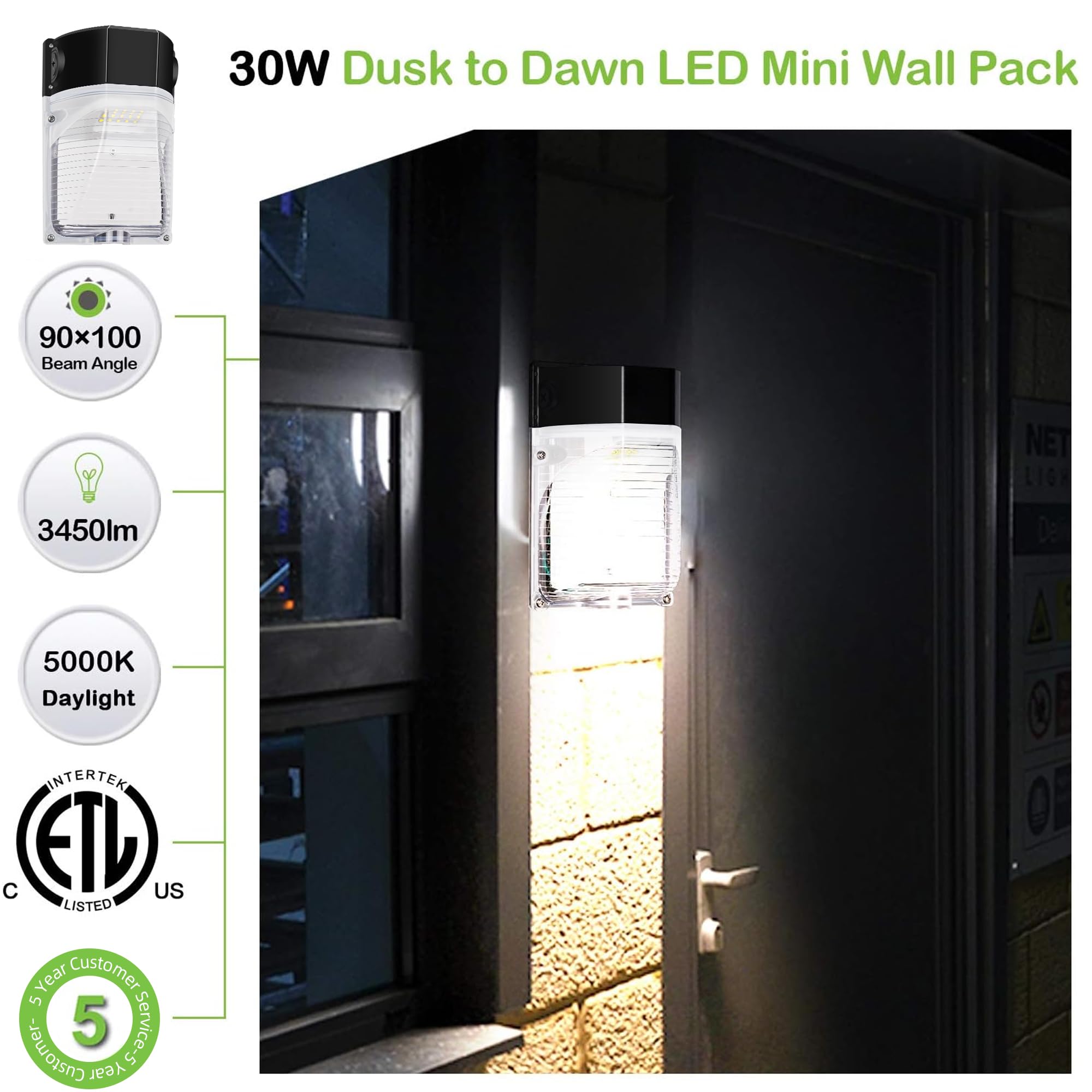 Hykolity 30W LED Wall Pack Light, 3450LM, 5000K Daylight, Dusk to Dawn, Waterproof, Model WPA-0501, Gray, 4