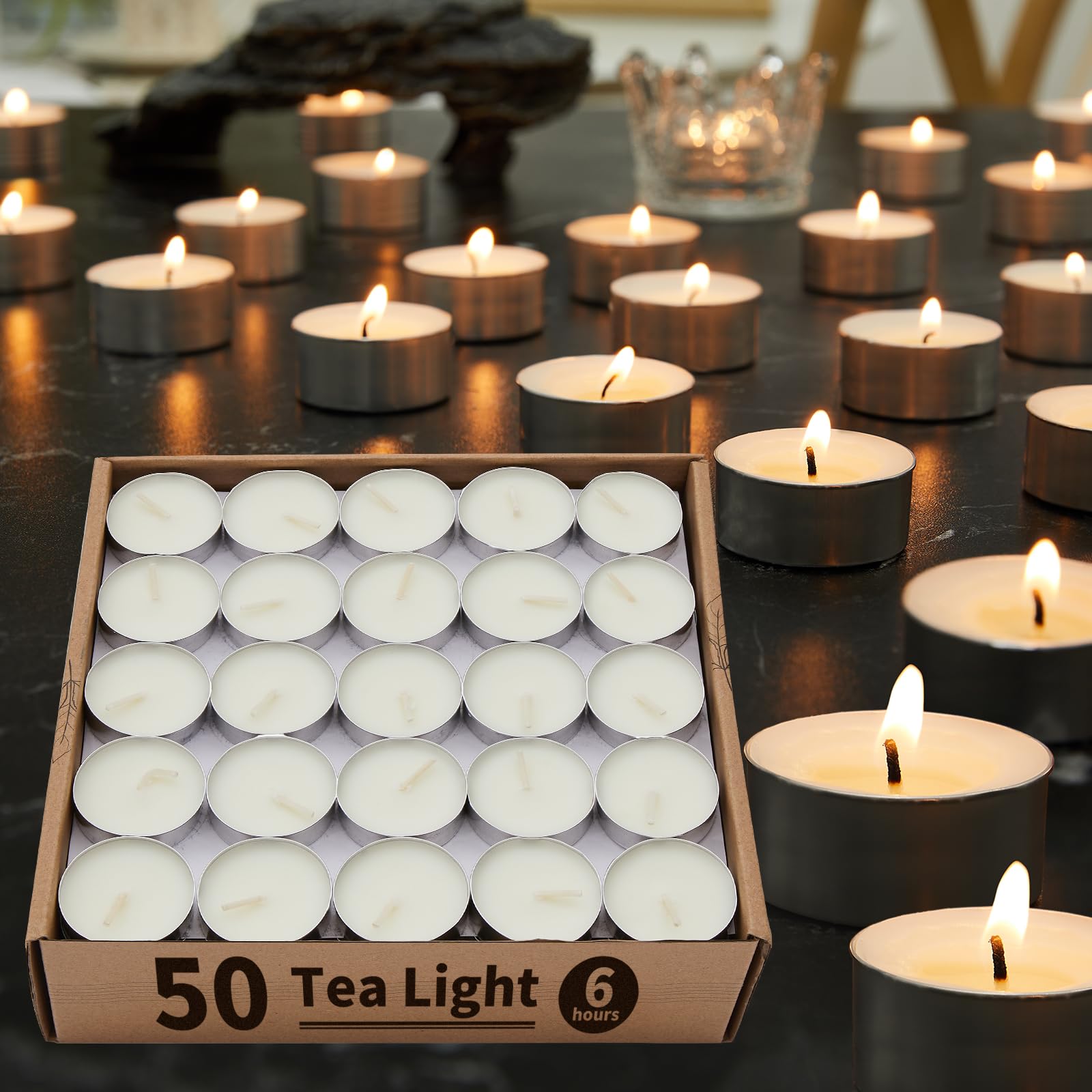Ashlux Unscented Palm Tea Lights Candles 50 Pack Bulk, 6 To 7 Hours Long Burning White Tea Lights,Non-Paraffin, Smokeless, Mini Tealight Candles For Wedding, Table Centerpiece, Party, Power Outages