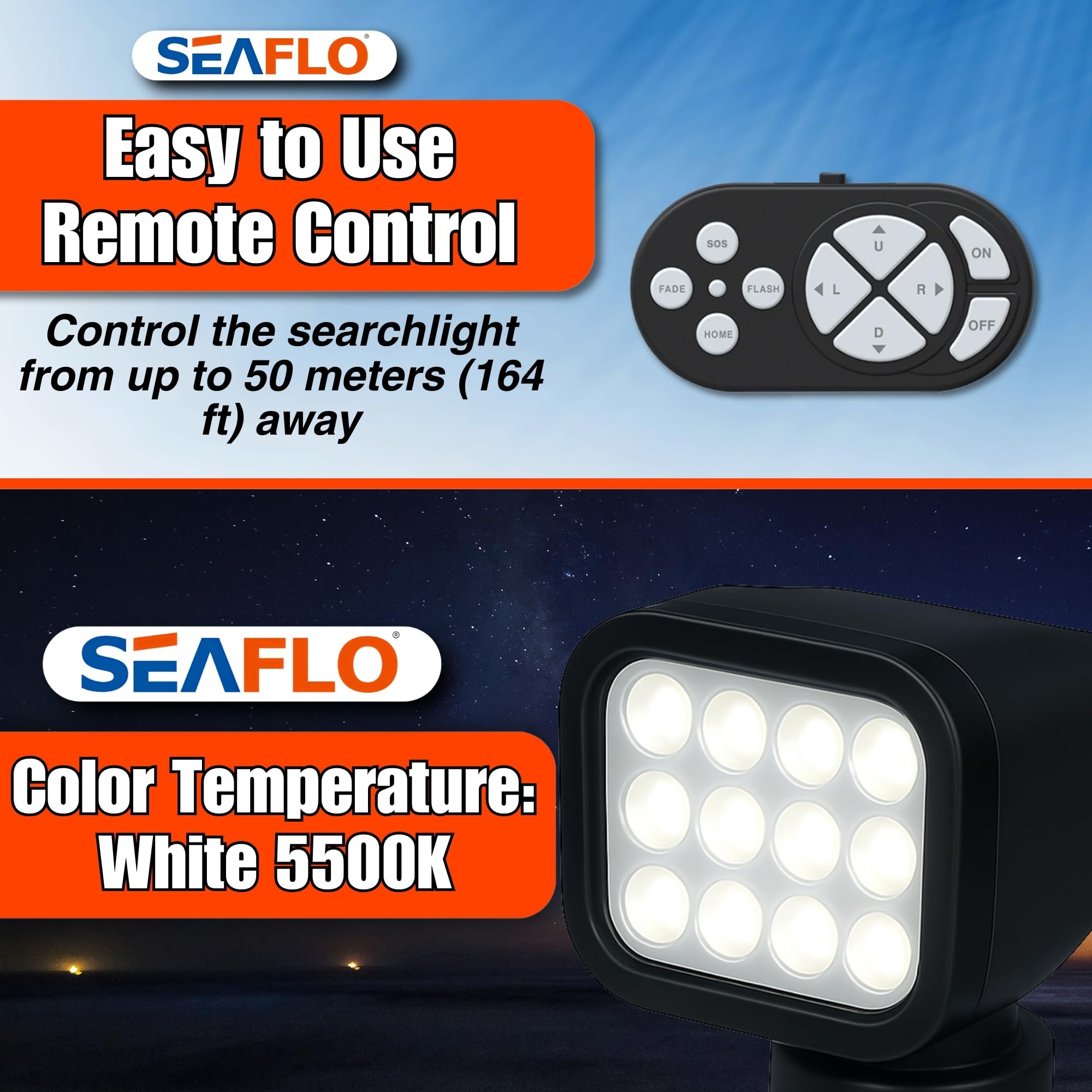 Seaflo 360 Rotating Remote Control Led Searchlight  10-30V  Auto-Reset  Ip66 Waterproof  Marine Spotlight For Boats  Truck  Vehicles  Ce & Rohs Certified (Wireless Remote/Black/White Light 5500K)