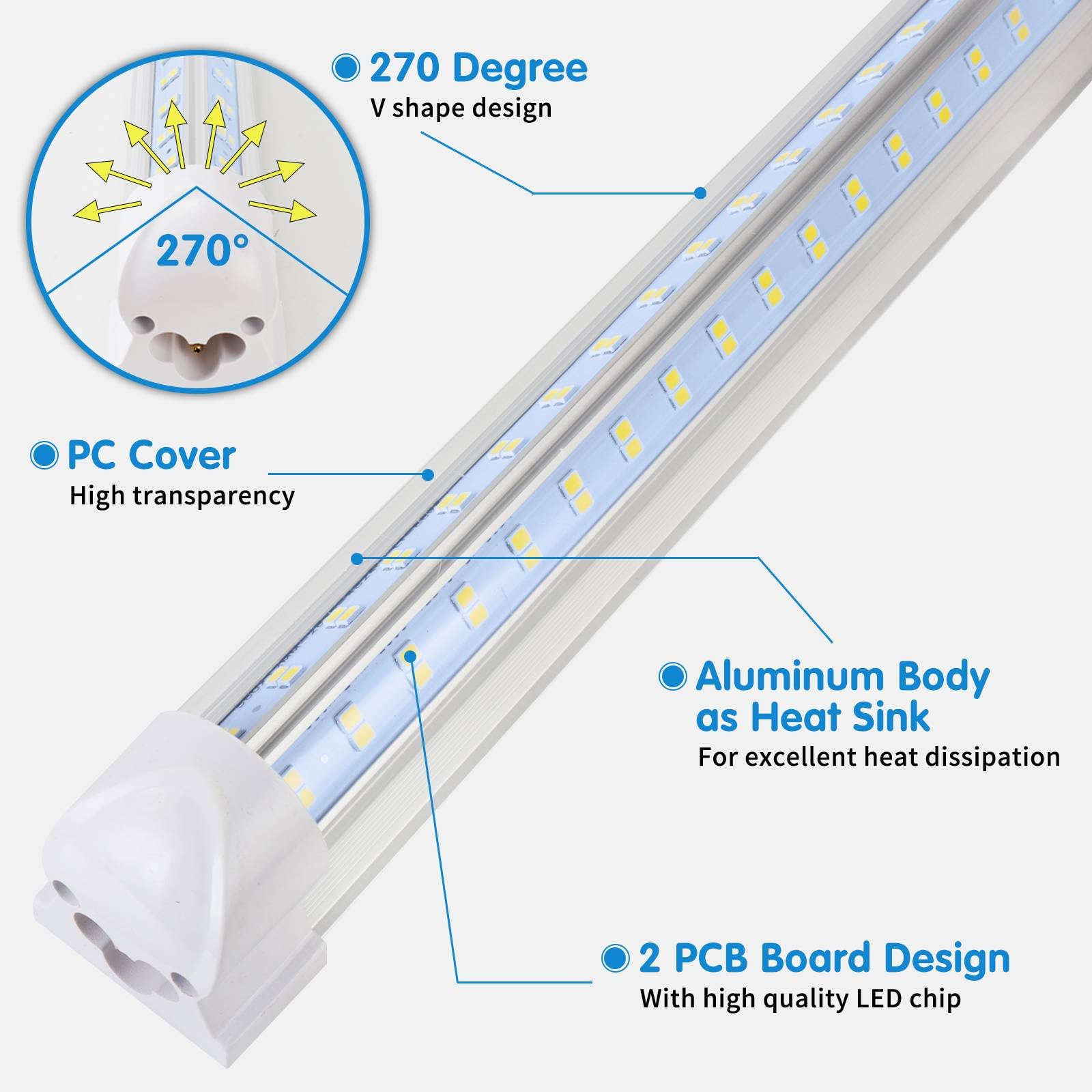 Aqiquut Led Shop Lights,Led Shop Lights 4Ft 50W 6500K 7000Lm Clear White,Shop Light 4Ft 110V Linkable Integrated V-Shape For Sho