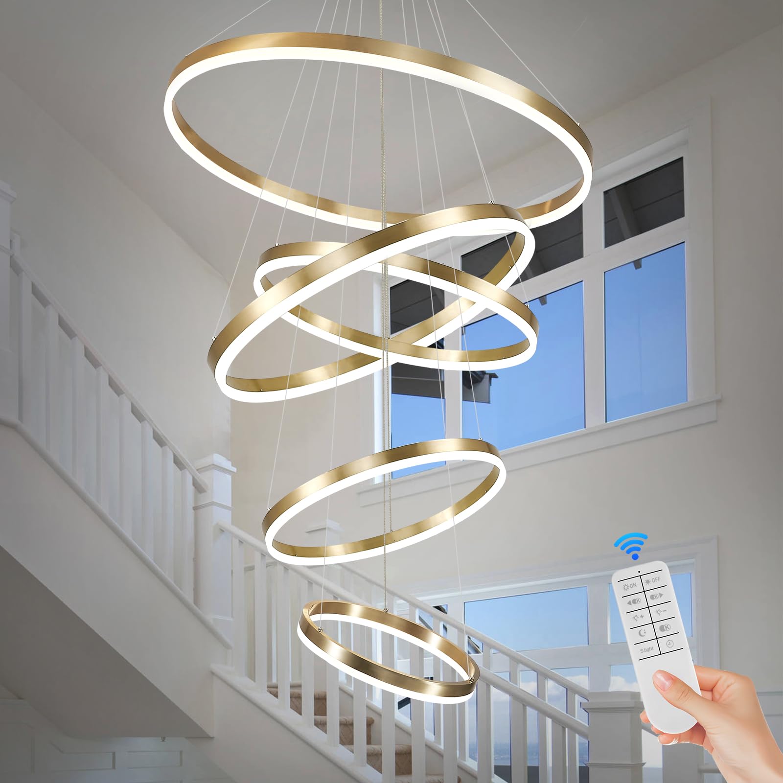 Benkut 5-Rings Modern Led Chandelier Gold High Ceiling Chandelier With Remote Control Dimmable Contemporary Chandeliers For Dining Room Foyer Living Room Entryway Staircase(3000K-6500K, D23.6’’)
