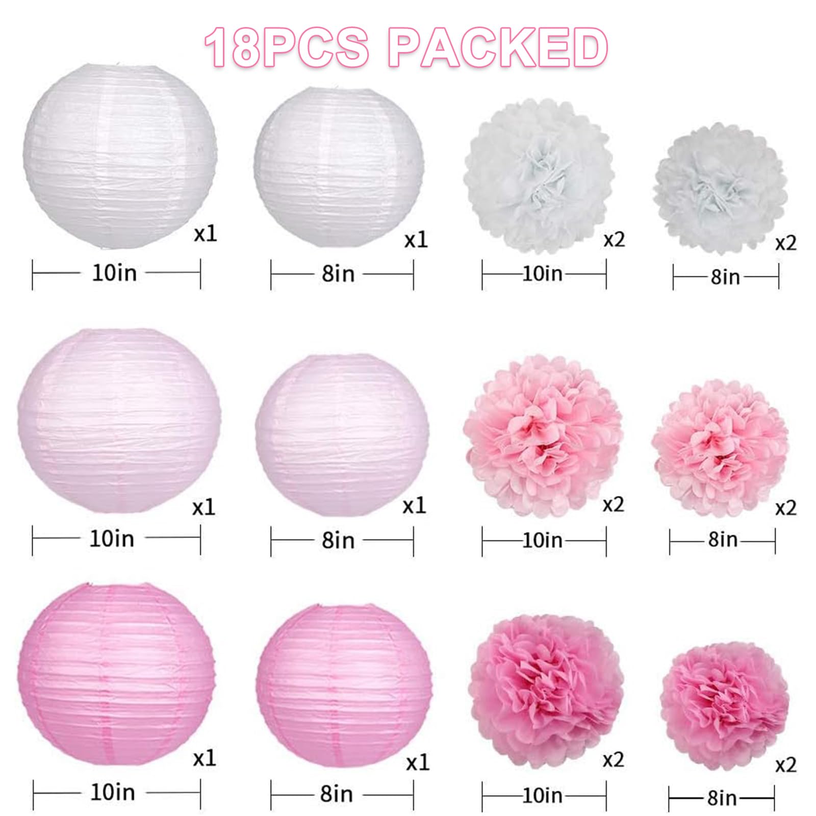 Celehappy Pink Paper Lanterns - 18pcs Tissue Paper Pom Poms for Baby Shower, Wedding, Birthday - Variety Pack, Hot Pink/Pink/White