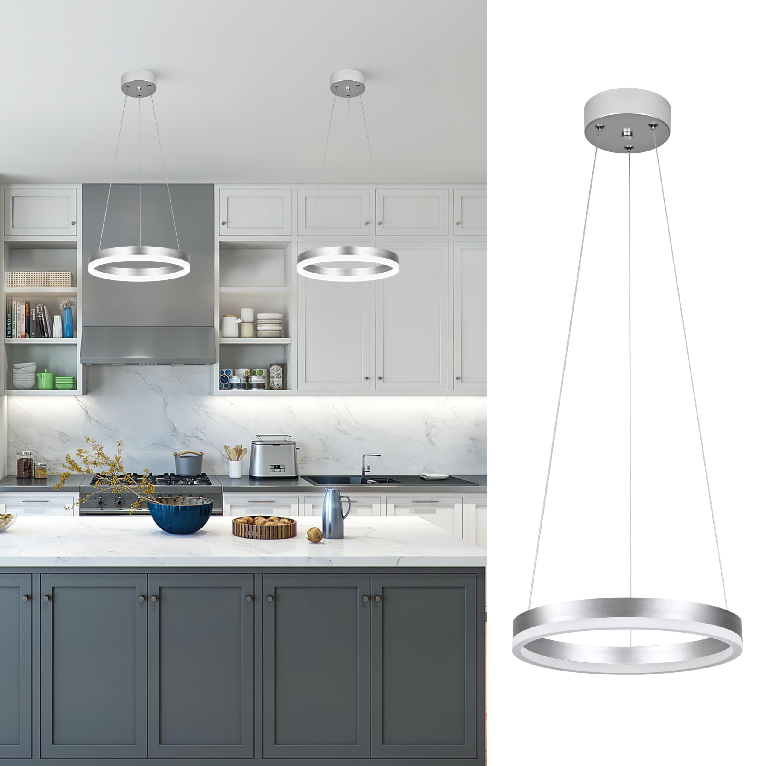 Mccokaige 12'' Nickel Led Ring Chandelier Ring Modern Led Chandelier Modern Pendant Lights Adjustable Height Light Contemporary 