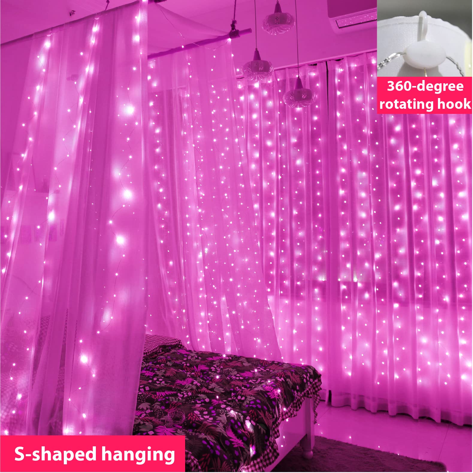 ZSJWL Pink Curtain Fairy Lights, 300 LEDs, Waterproof, USB Plug, 8 Modes, 9.8x9.8 Ft, Copper Wire for Bedroom, Christmas, Wedding Party