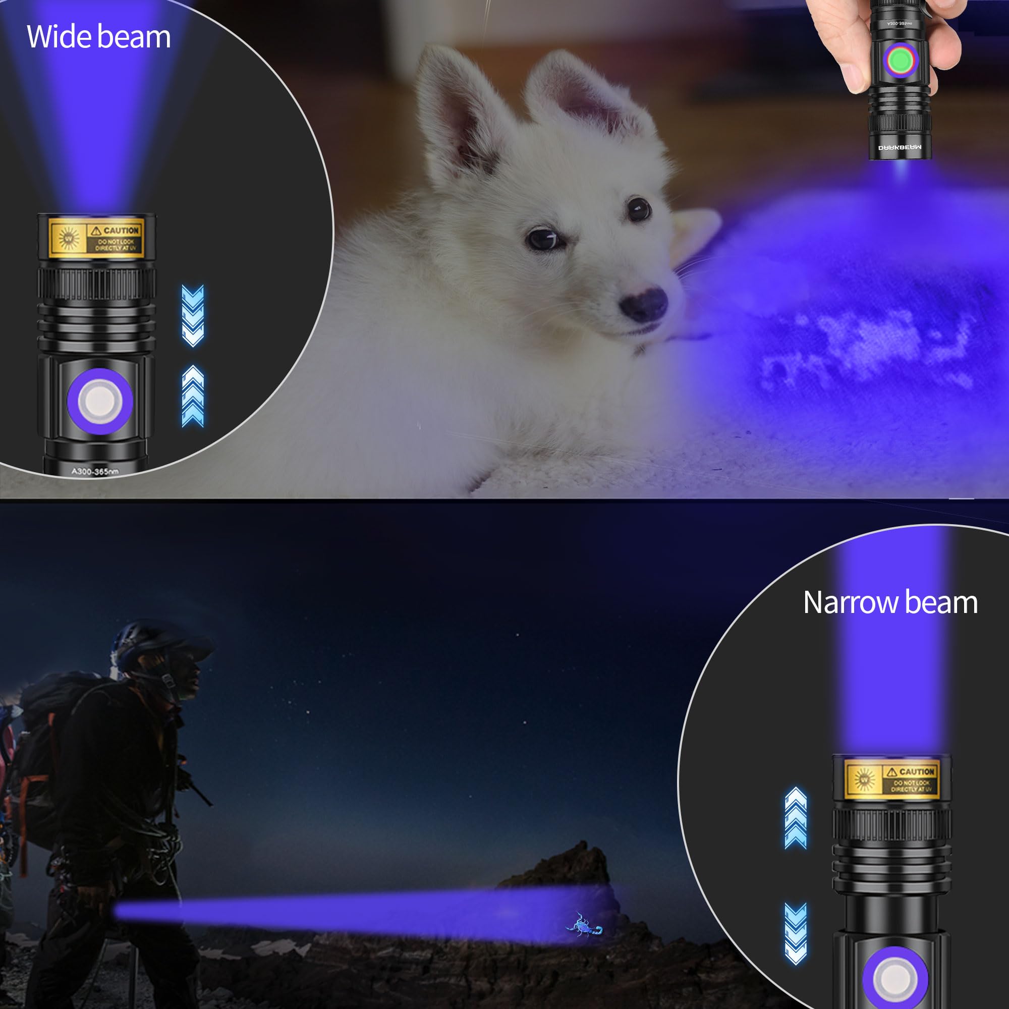 DARKBEAM UV Flashlight A300 - Rechargeable 365nm LED, Pocket-size, Aluminum, Black Light for Pet Urine Detection and Stain Removal