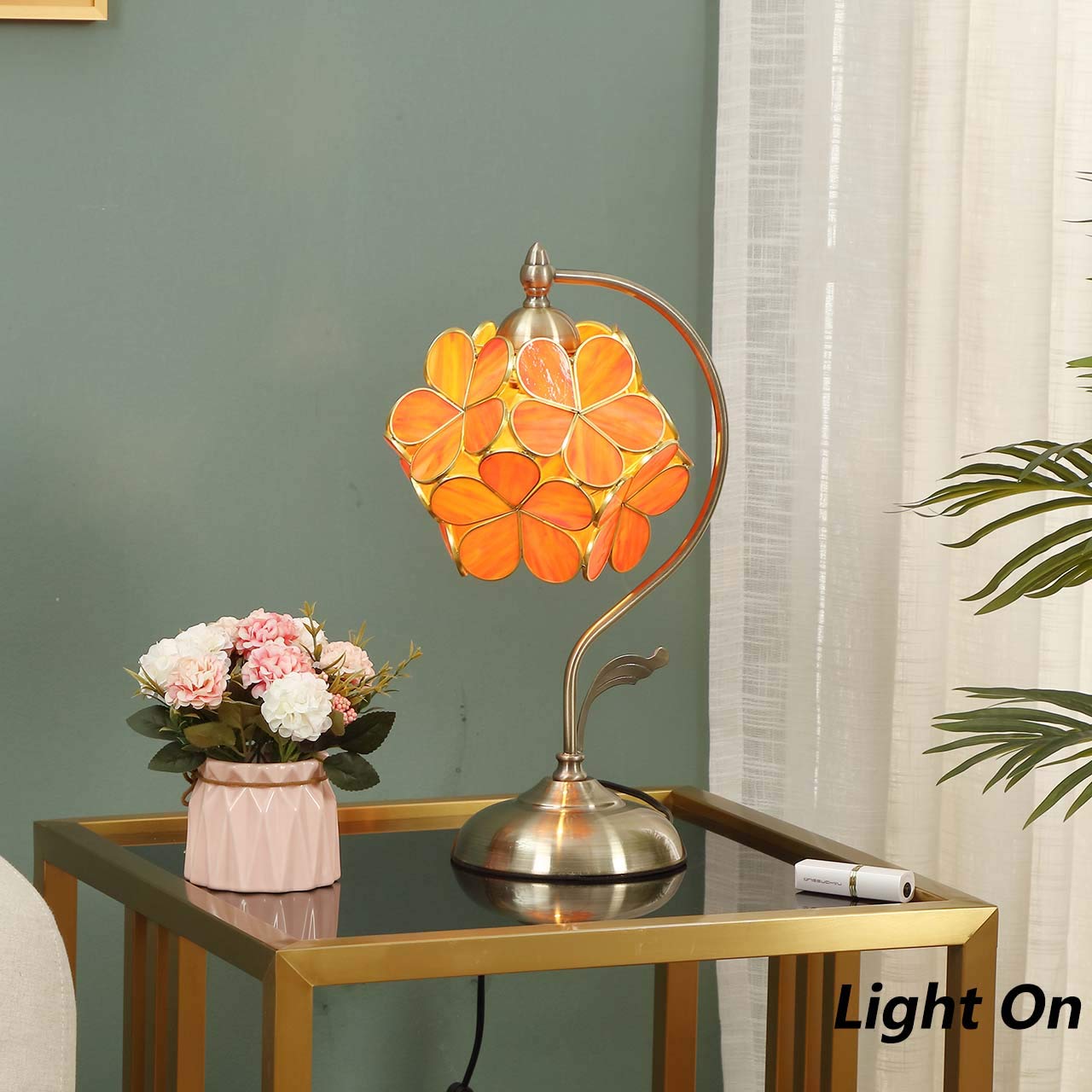 Bieye L10753 Tiffany Style Stained Glass Flower Petal Table Lamp With Brass Base For Home D  Cor (Orange, 8'' Cherry Blossom)