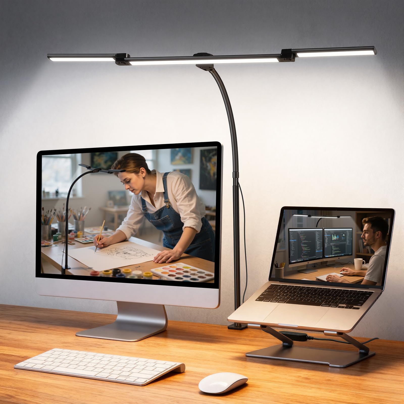 LED Desk Lamp for Office Home  Eye Caring Clip on Desk Light with Clamp  Architect Task Lamp Stepless Dimming  Computer Monitor Table Lamp 3 Head Adjustable Desk Lamp for Reading Study Workbench Black