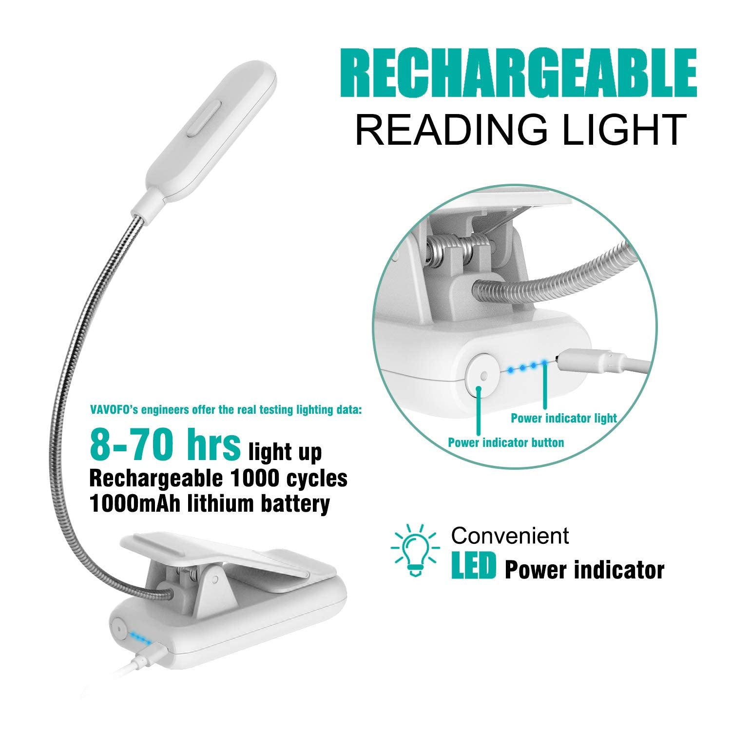 VAVOFO Clip On Reading Light, 7 LEDs, 3 Color Temperatures, 9 Brightness Levels, 1-Pack, White, Model KM-6720A