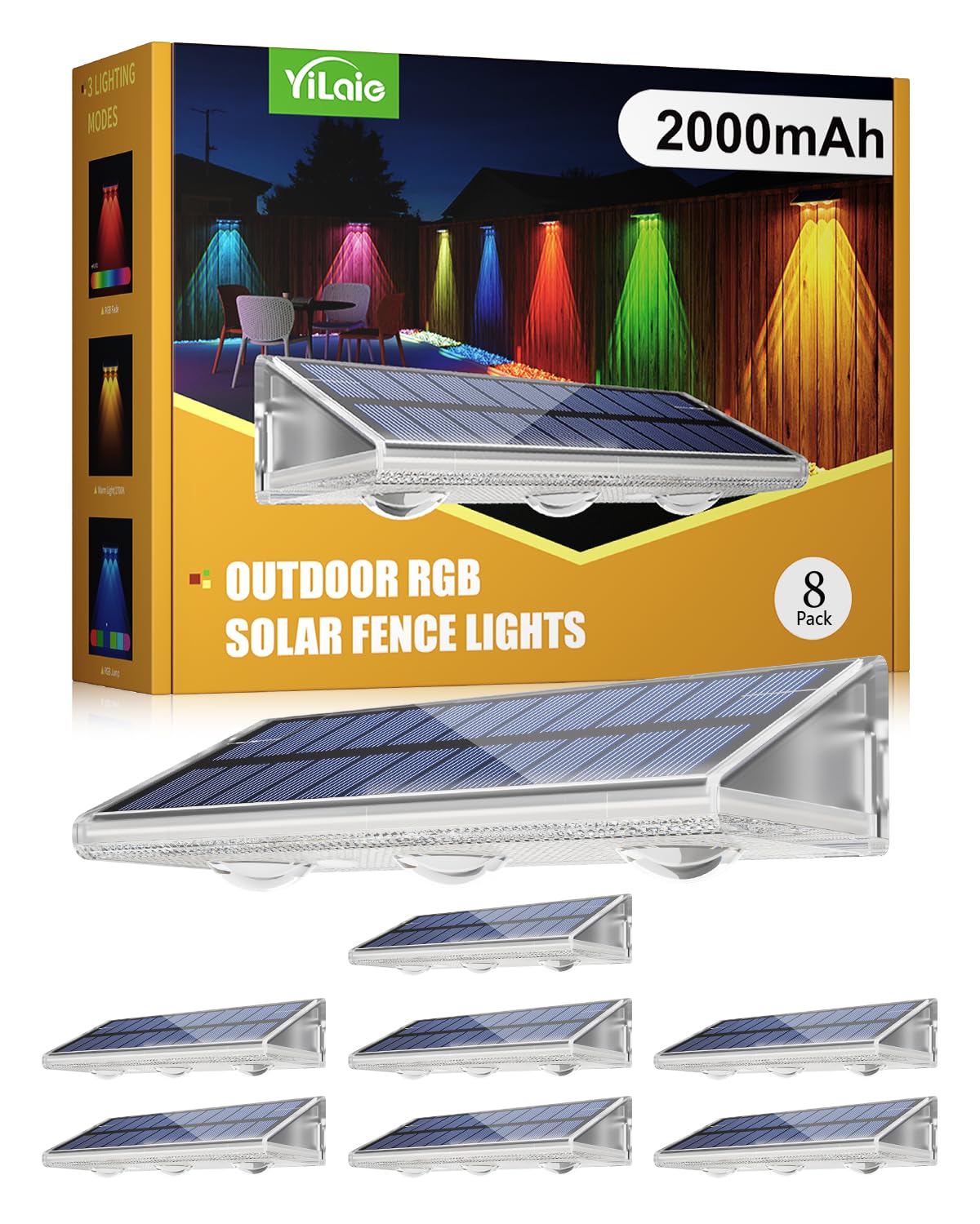 YiLaie Solar Fence Lights Outdoor - Warm White & RGB 6 Color, Solar Lights Outdoor IP67 Waterproof, Garden Lights for Outside/Ba
