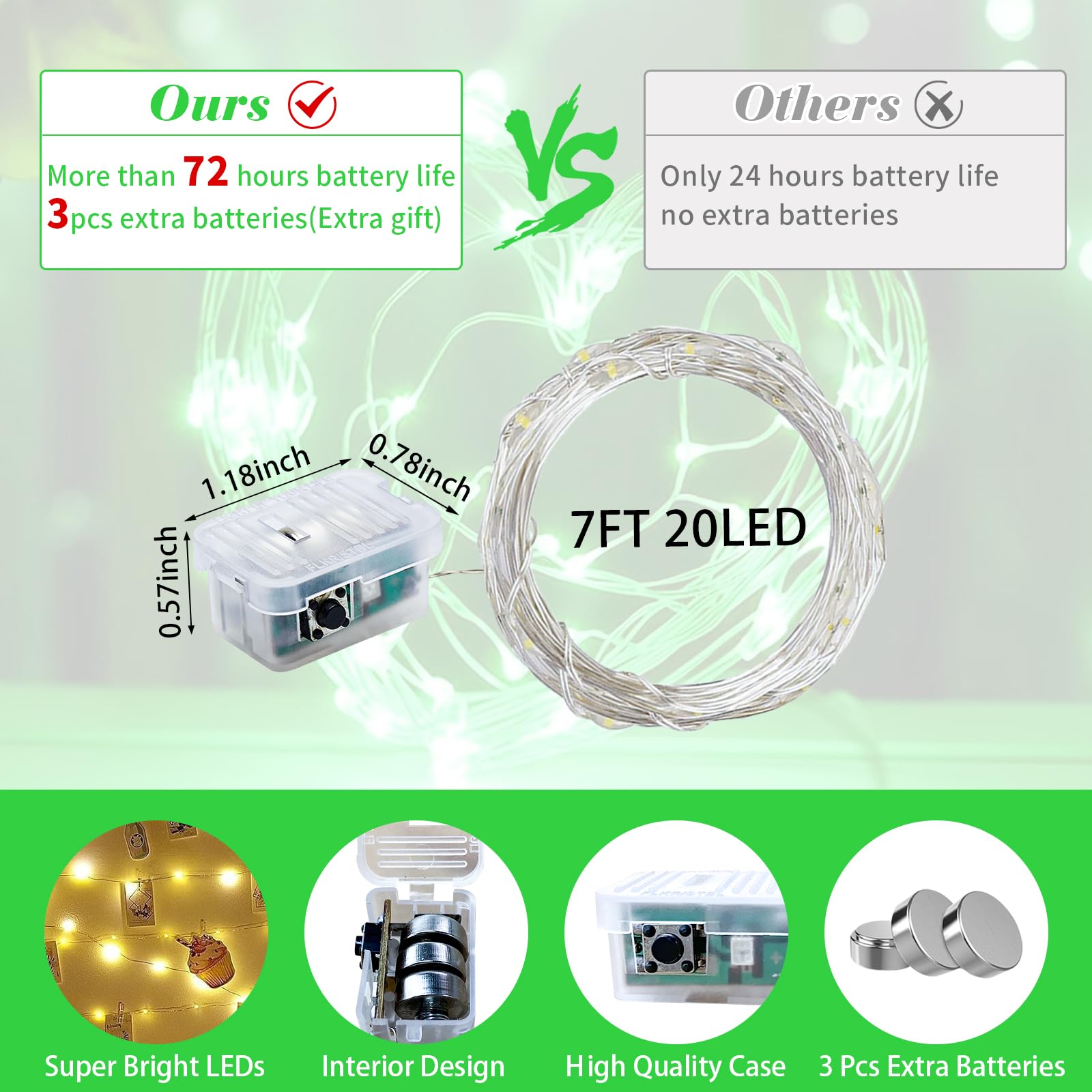 chzk 24 Pack Fairy Lights 20 LED Twinkle String Lights Battery Operated Waterproof Green 7Ft Model A01-Mini