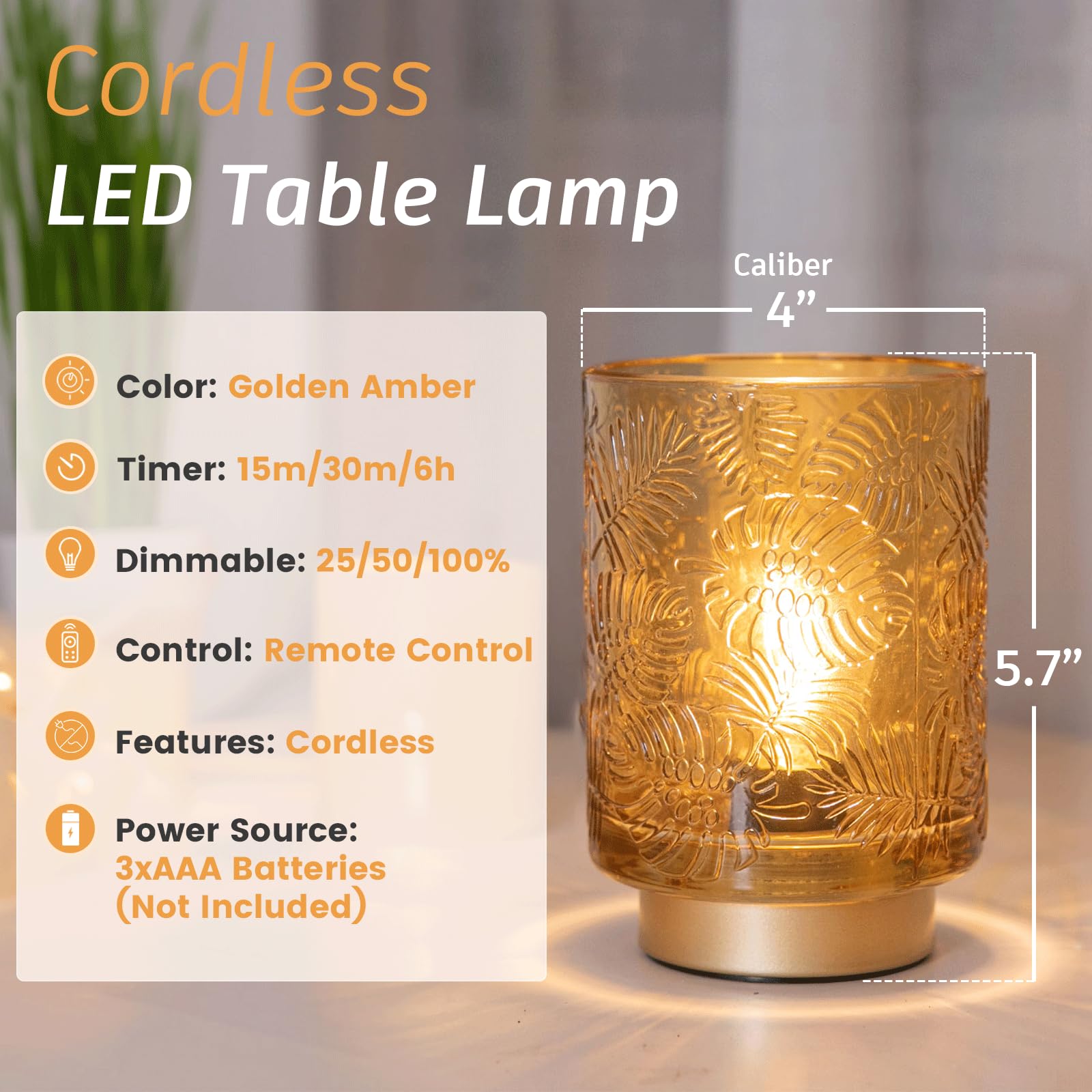 Ularoom Battery Operated Small Cordless Table Lamps With Remote Control, Dimmable Brightness Wireless Lamp With Timer, Glass Bat