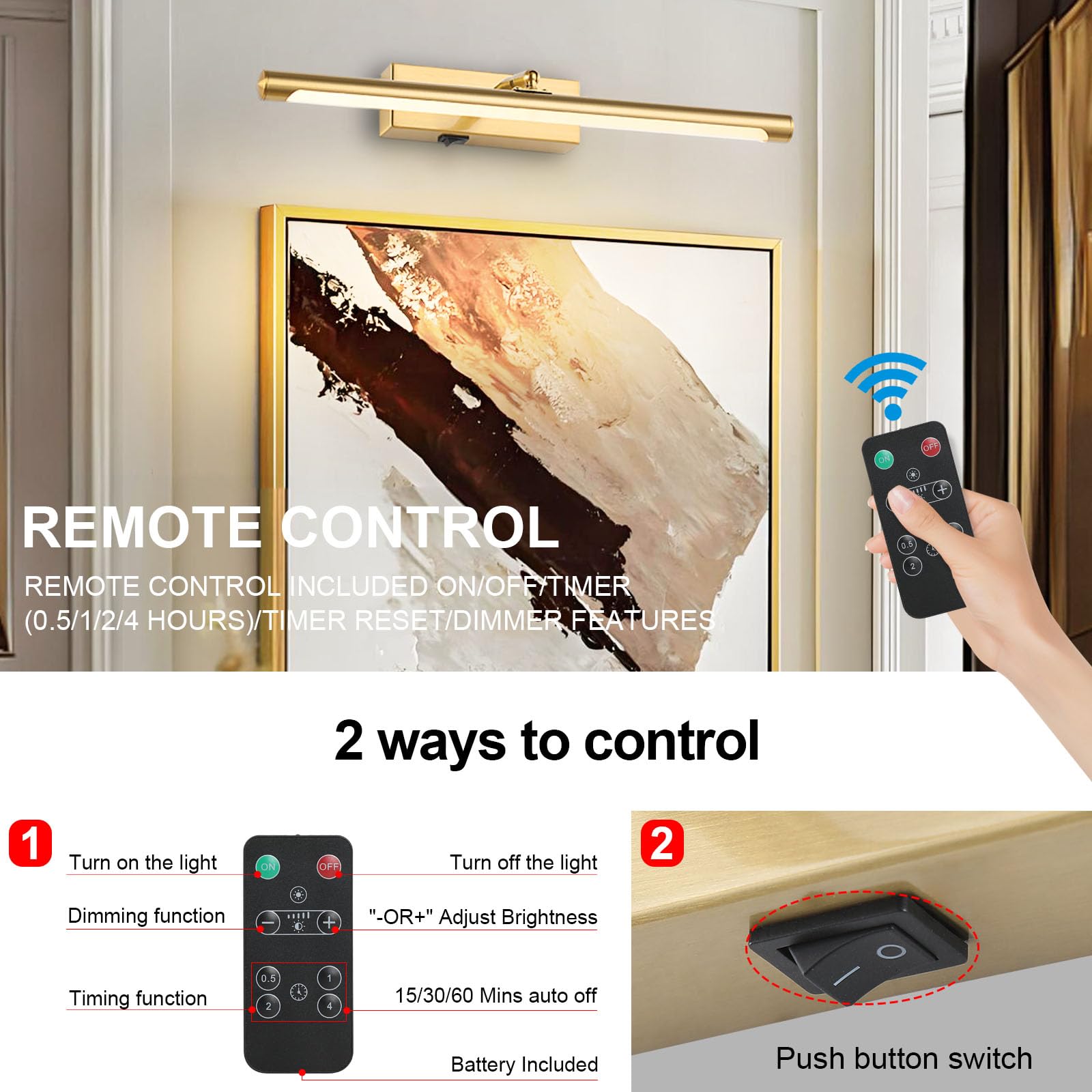 Kiloeye Picture Lights Battery Operated With Remote, Rechargeable Picture Lights For Wall Brightness Dimmable Sticker/Screw Installation, Art Light For Gallery, Artwork (Golden, 16‘’)