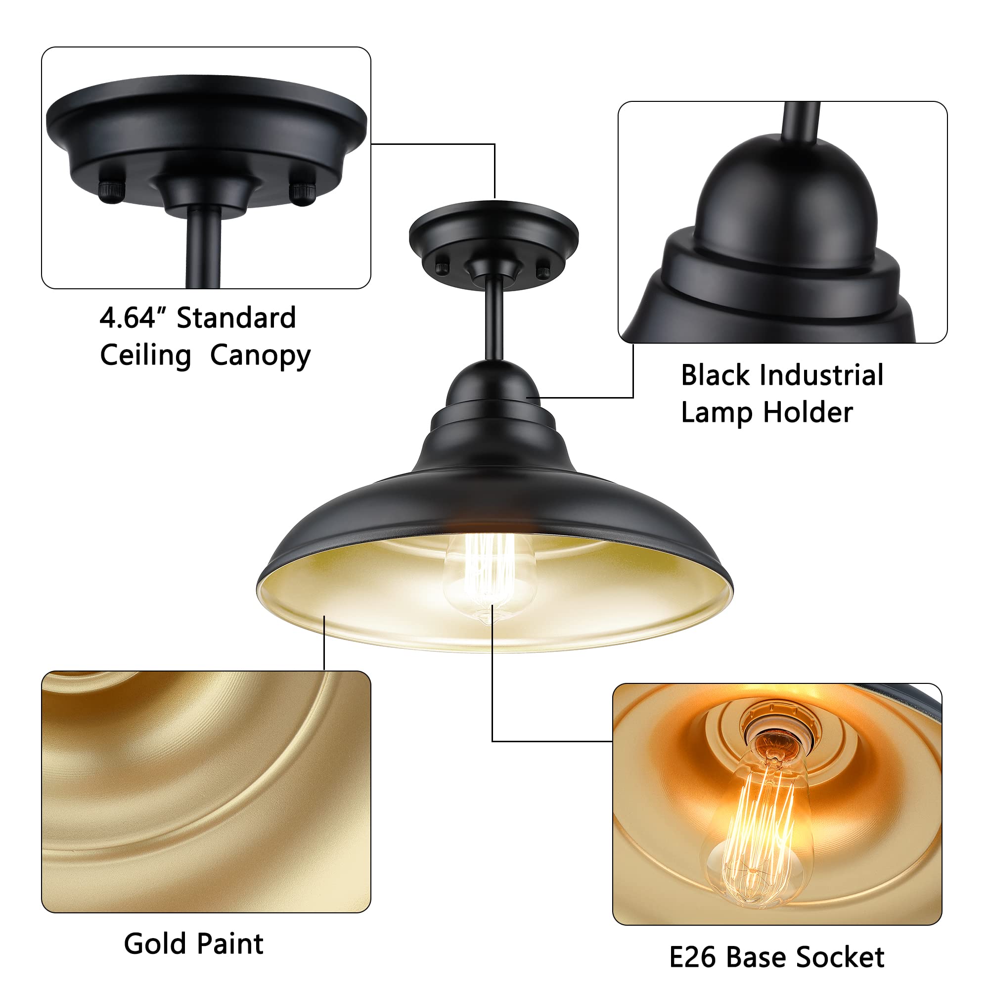 FLQMYQ Semi Flush Mount Ceiling Light Fixture, Metal, Black Finish, 12in - Modern Design for Kitchen, Dining Room, Hallway, Living Room