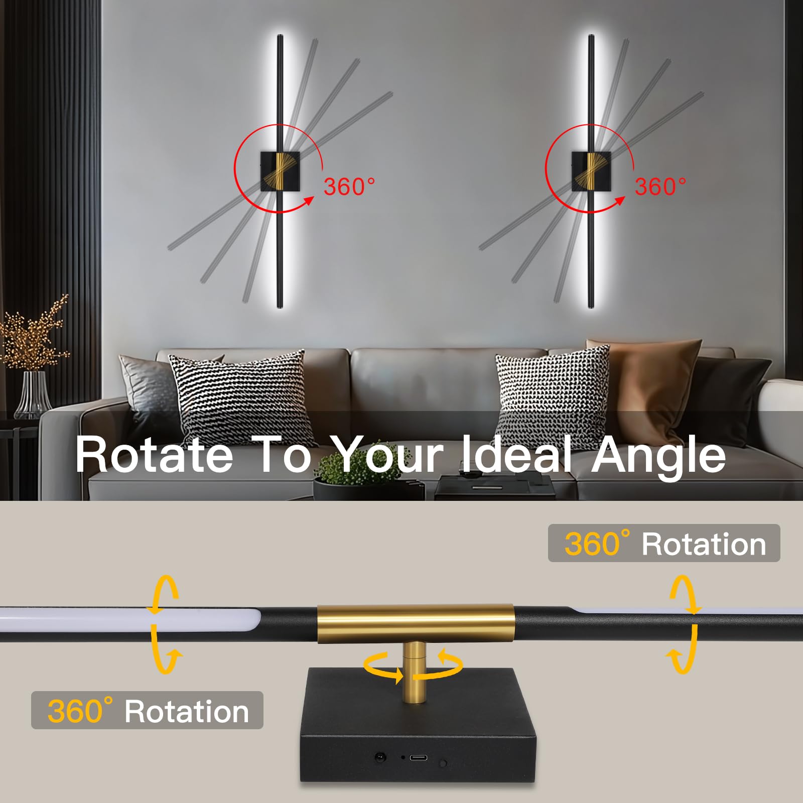 TaoFiaCo Battery Operated Wall Sconces Set of Two, Battery Wall Sconce with Remote Control, Black Gold Modern LED Rechargeable W
