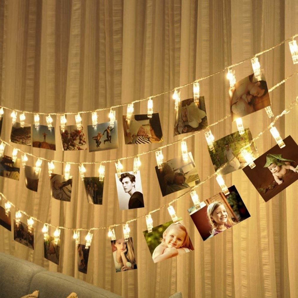 Decute 50Led Photo Clips String Lights Holder Timer Function 8 Modes Dimmable With Remote, 17Ft Fairy Starry Lights For Christma