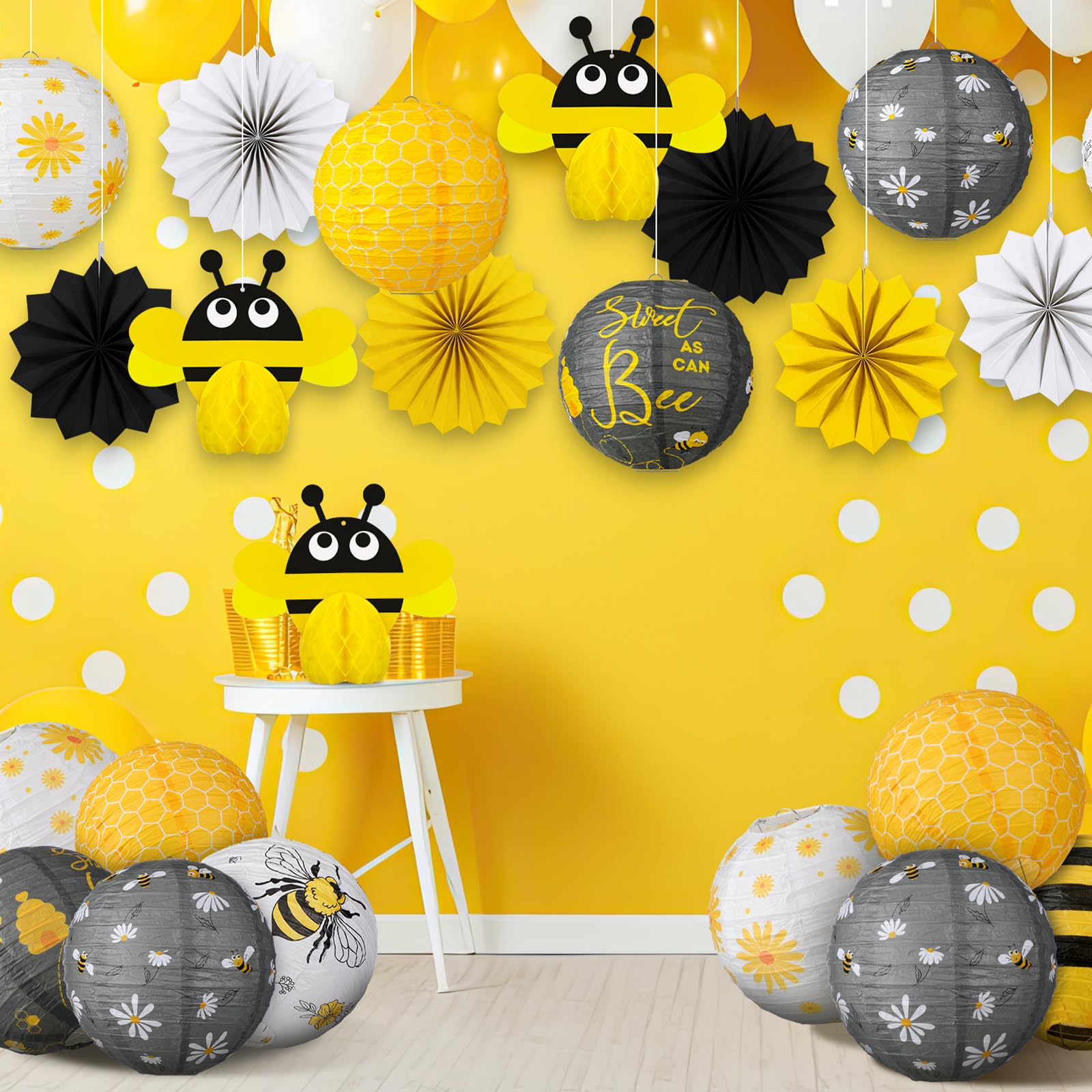 Retisee 18 Pcs Bee Party Decorations Kit Yellow Paper Lanterns Bee Honeycomb Ball Yellow White Paper Fans Decoration Bee Hanging