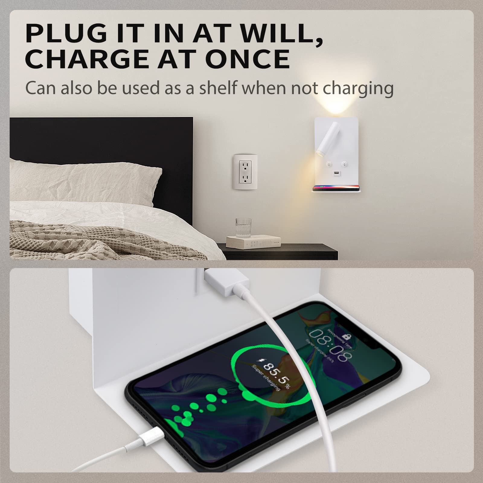 HYMELA M03 Wall Mounted Reading Light with Shelf 350 Rotatable Bedside Reading Wall Sconces with USB Port Adjustable Spotlight H