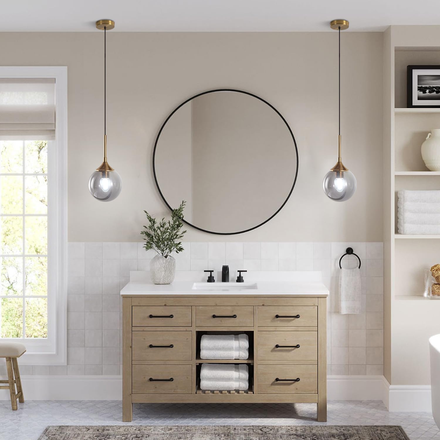 KCO Lighting Modern Pendant Light, 1-Light Globe, Smoke Gray Glass, Brushed Brass, Model L1097-S, Adjustable Fixture for Living Room/Kitchen Island