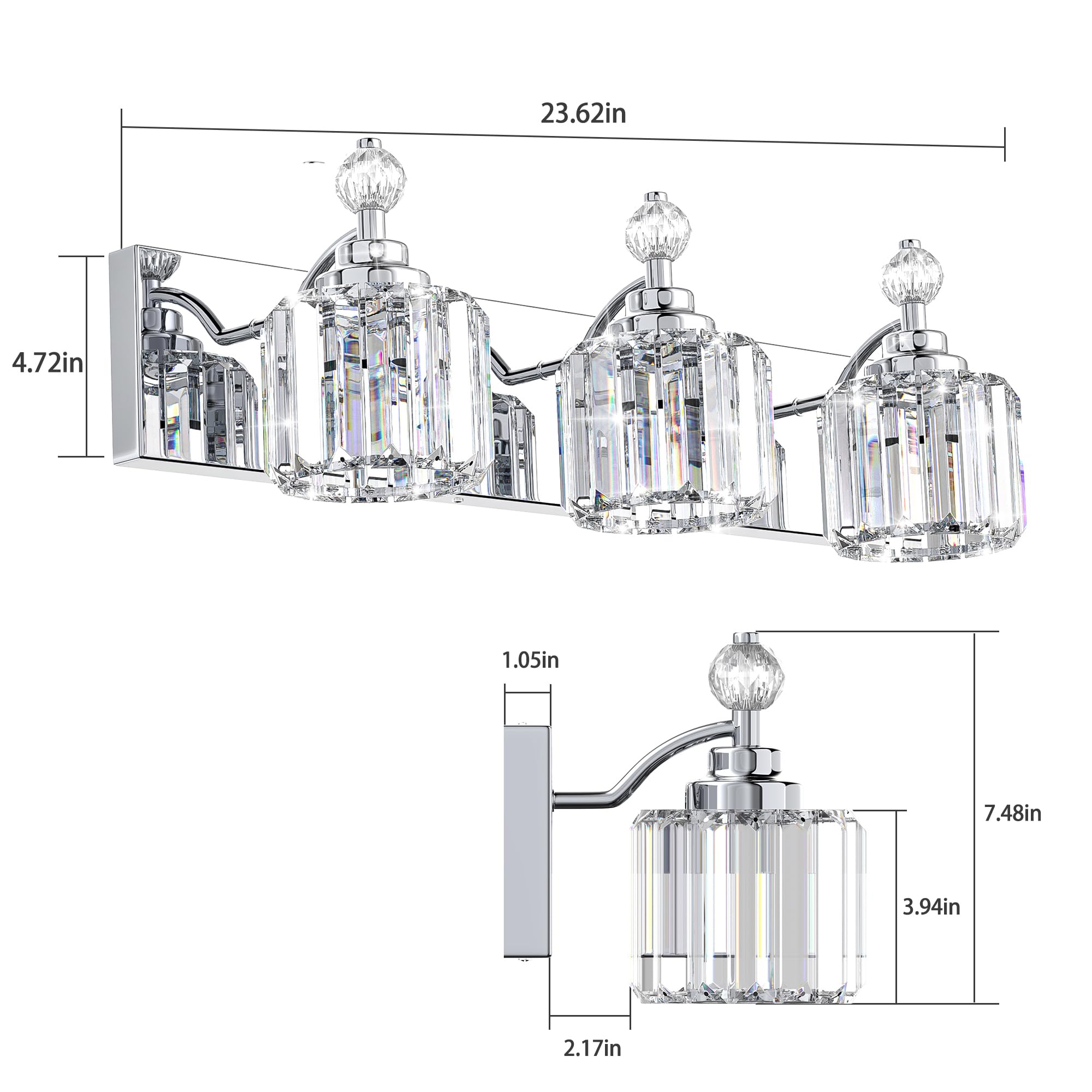 Danshinro 3-Light Bathroom Vanity Light, Chrome, Glass, E12 Base, Model L19, 39pcs Crystal Sheets