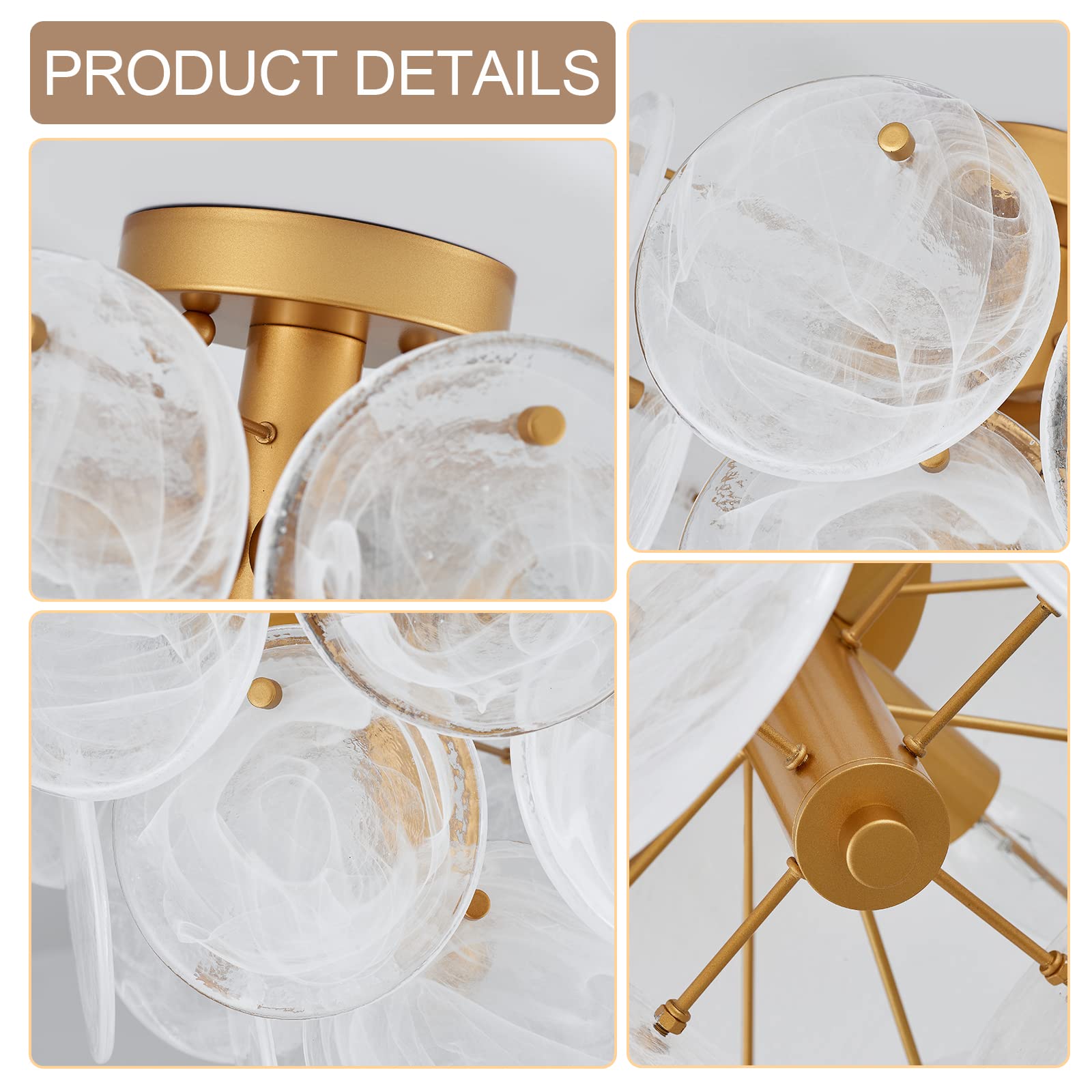 Vanzarla Modern Flush Mount Glass Ceiling Light, Gold Hallway Lights Vintage Chandelier, 4-Light Unique Light Fixture For Bedroo