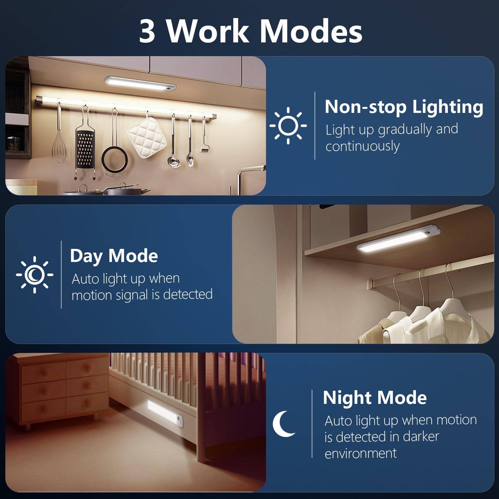 Ruikoring Under Cabinet Lighting  3 Colors  Motion Sensor Light Indoor  Led Rechargeable Closet Lights Battery Operated  Dimmable Night  Stick-On Magnetic Cabinet Lights For Kitchen Stairs Hallway