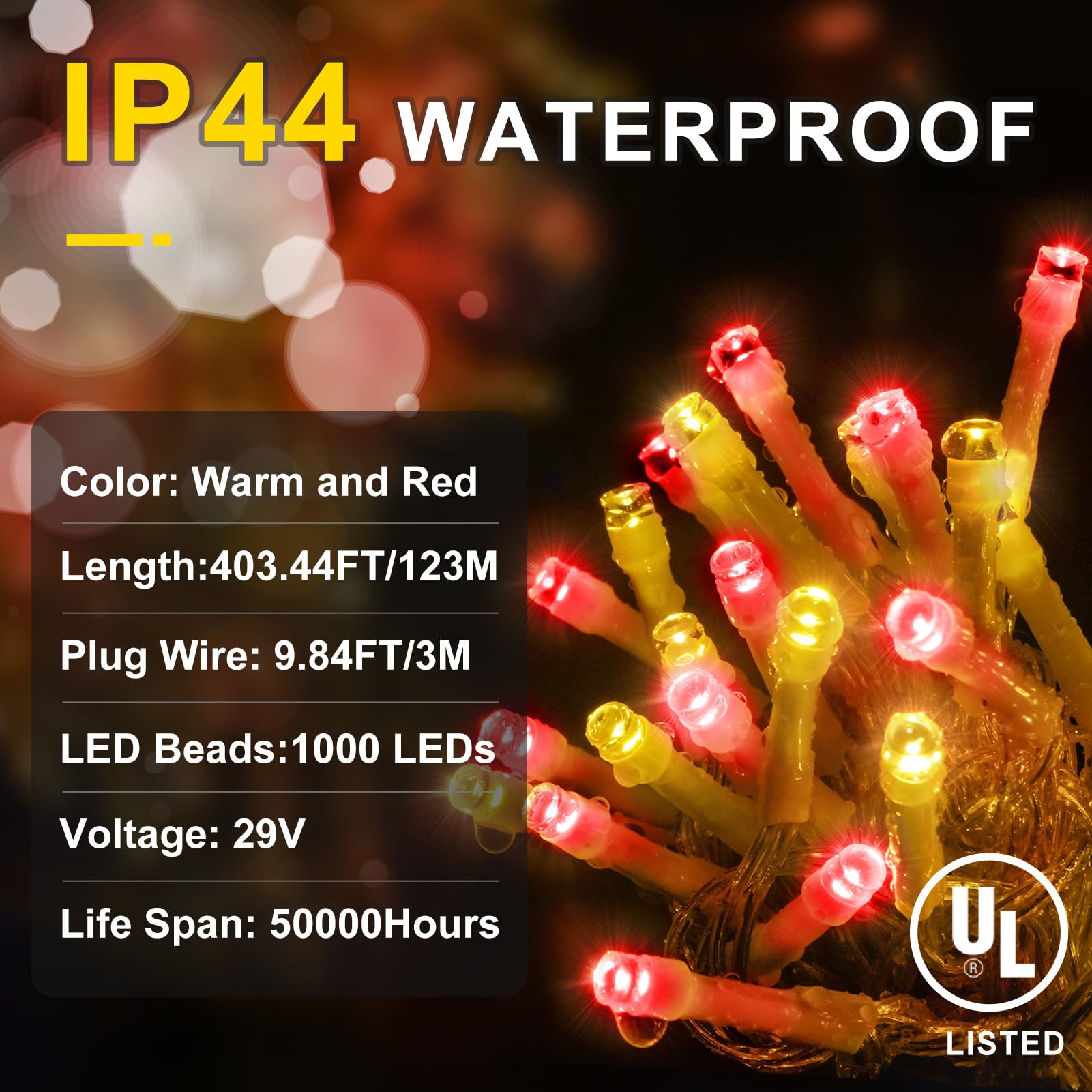 Knonew 403Ft 1000 Led String Lights Outdoor Christmas Lights 8 Modes & Timer Fairy Light Plug In Waterproof Led String Lights For Xmas Yard Tree Wedding Decorations (Red And Warm White)