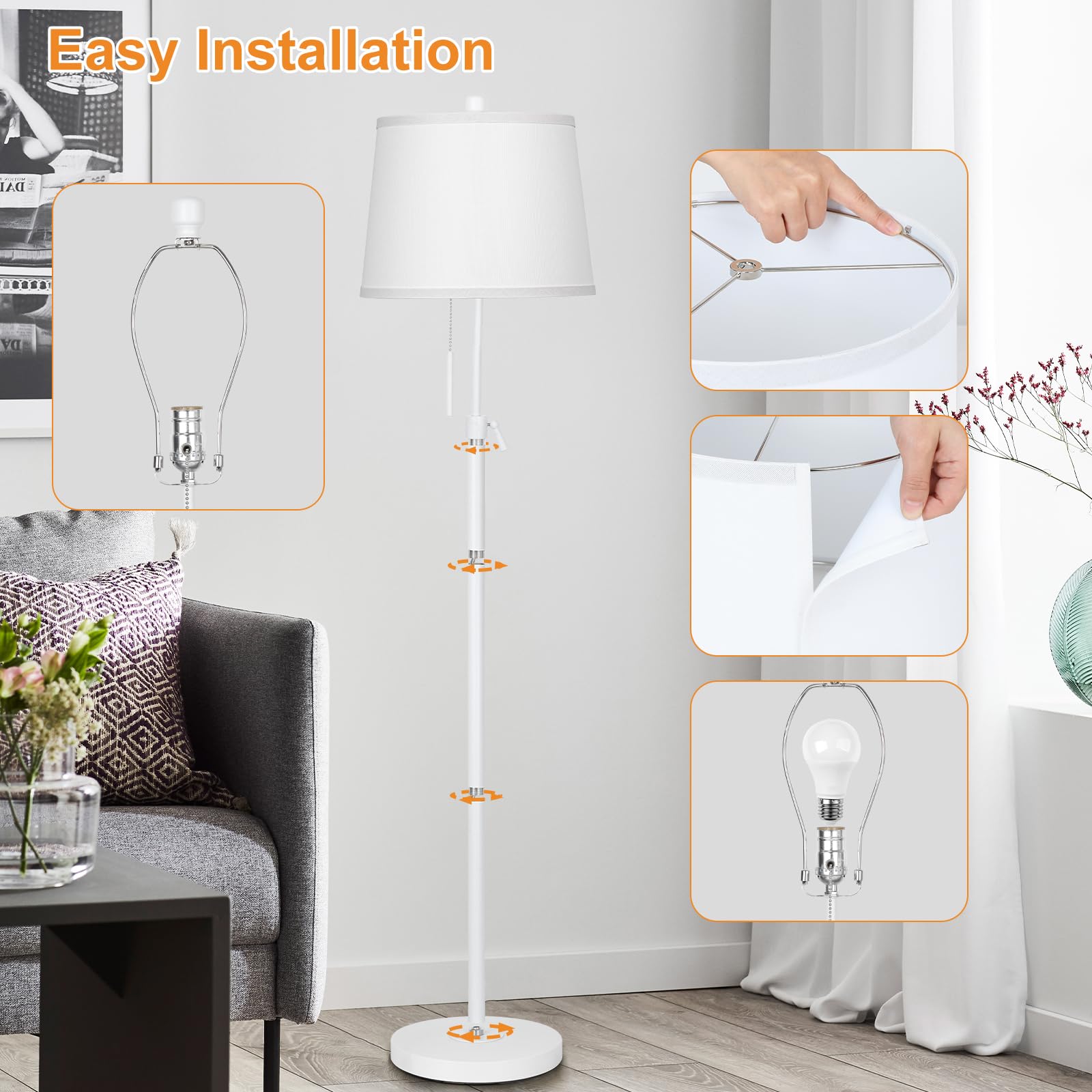 JUNNAI Adjustable White Floor Lamp - 55-65" Modern Metal & Fabric Shade for Living Room, Bedroom, Office, Nursery - 9W LED Bulb Included