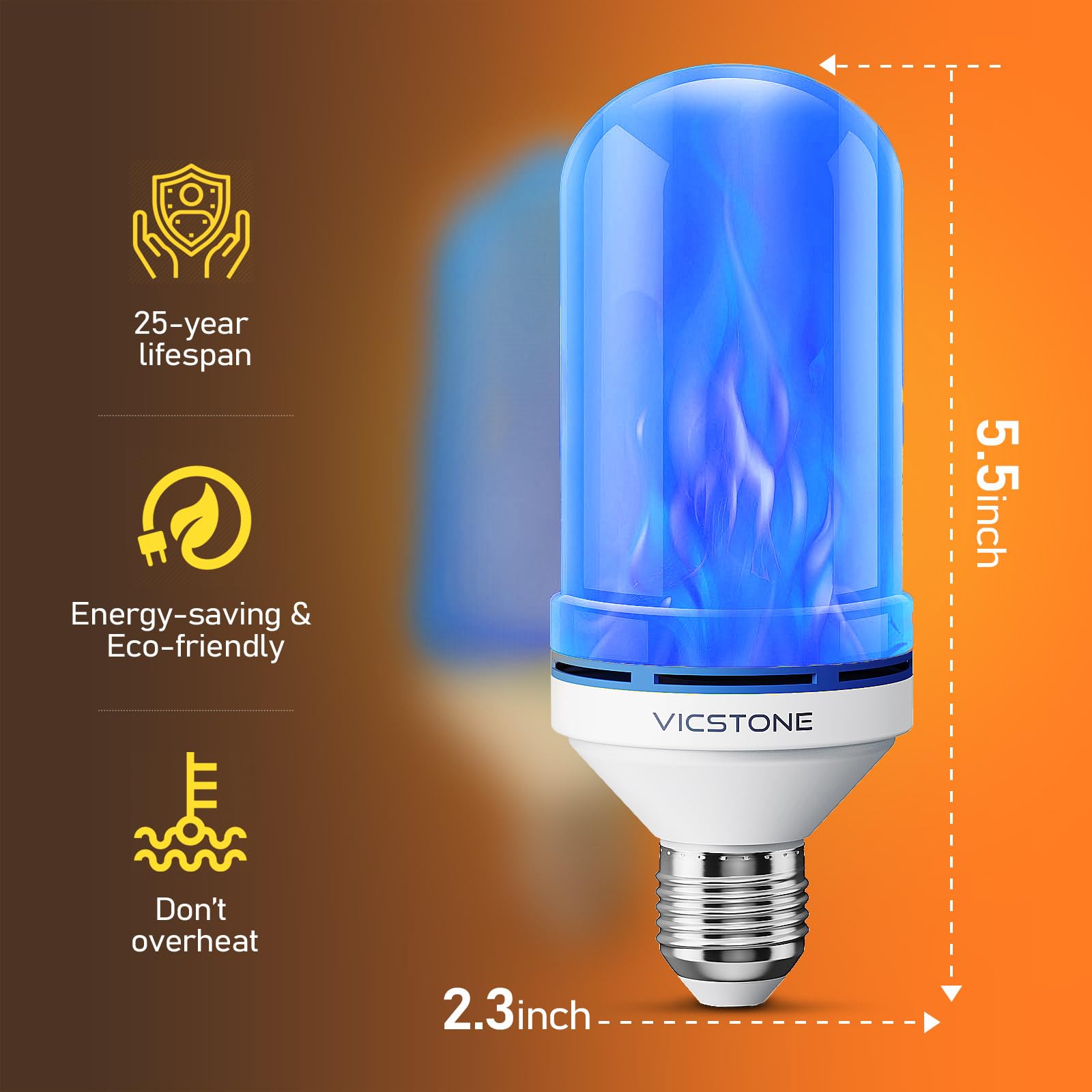 Vicstone LED Flame Light Bulbs, 4-Mode Flickering, E26, 2 Pack, Blue, Model VCFB-LANQUAN2-BLUE
