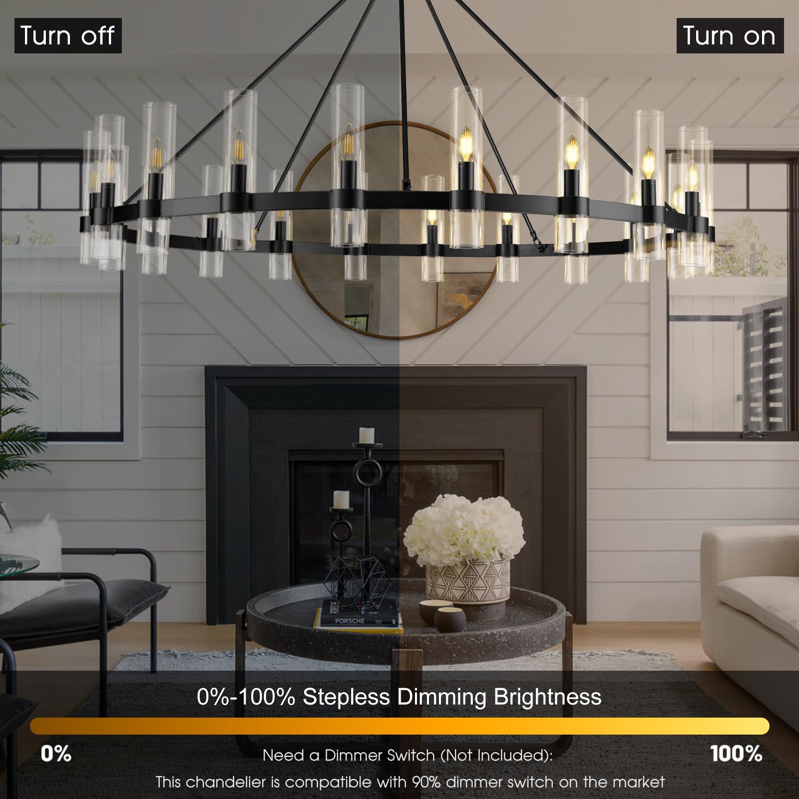 VARTTYAL Black Wagon Wheel Chandelier, 60 Inch, 20-Light, Modern Farmhouse Style, Glass Shade, Bulbs Included