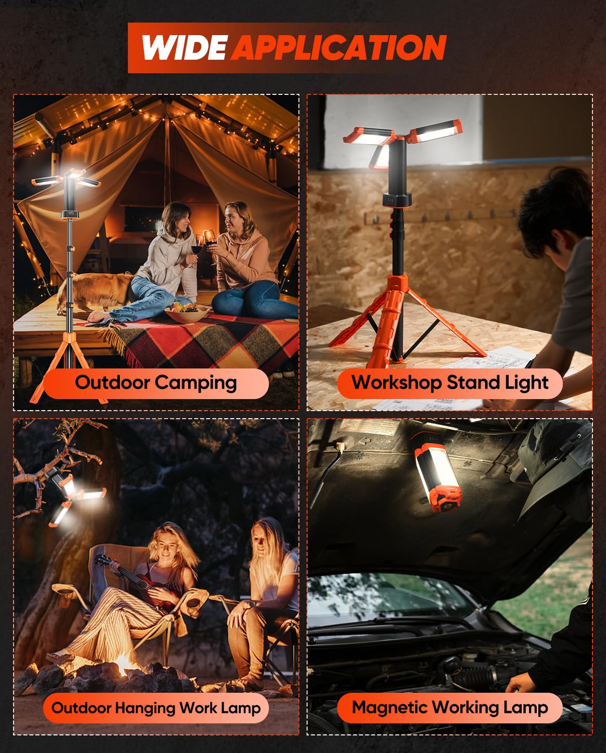 Saker Portable Camping Light LD18 - 20000mAh Rechargeable, 800/3200 Lumen, 73inch Stand, Orange - Ideal for Camping, Garage, and Emergencies