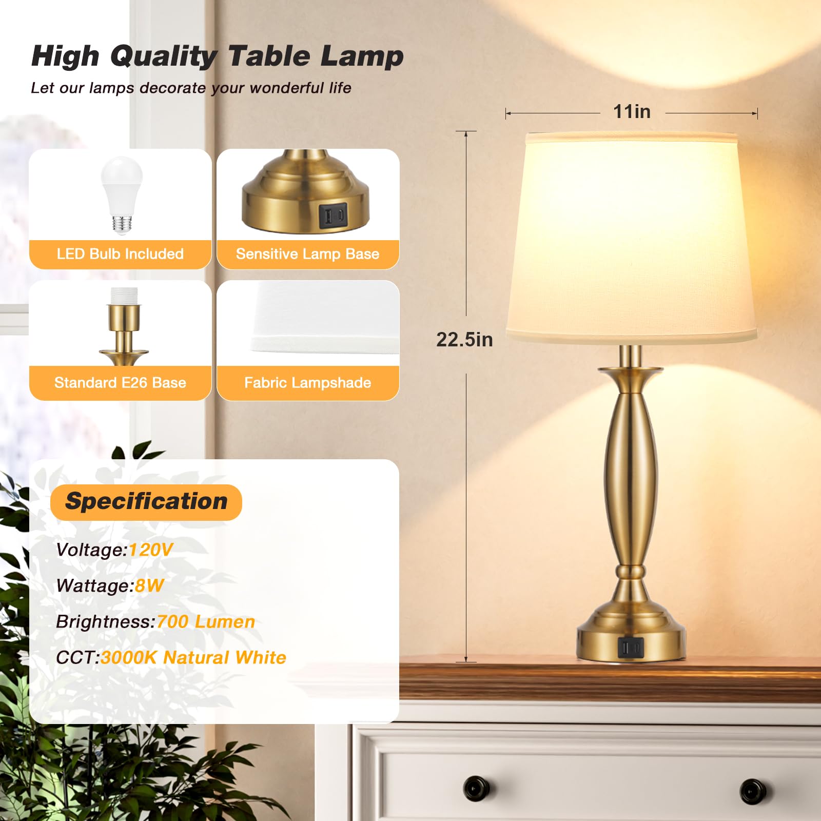 White Gold Lamps For Bedrooms Set Of 2 - Touch Control Bedside Lamp With Usb C+A, 3 Way Dimmable Nightstand Lamps With Usb Port,