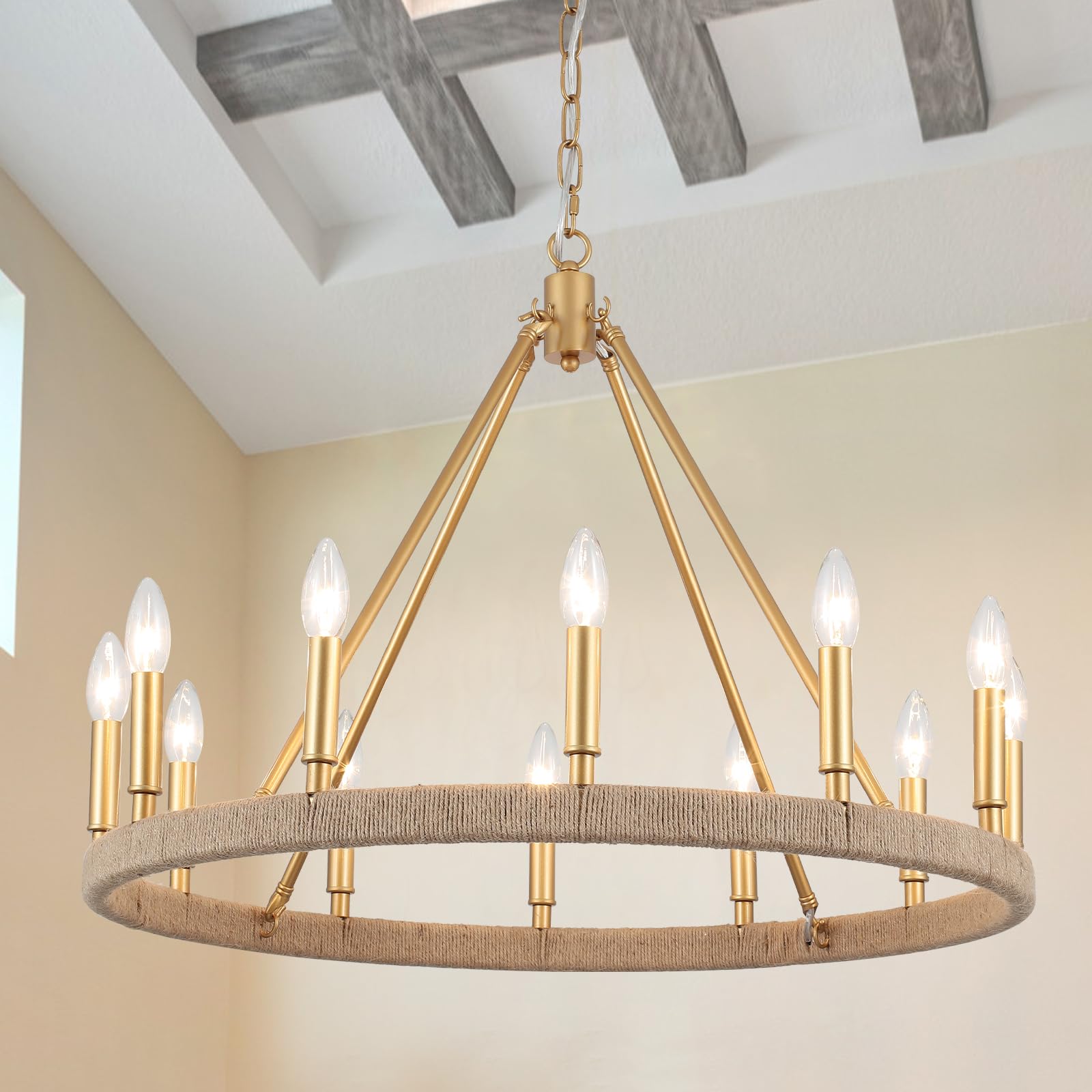 ZJVAIVE 12-Lights Gold Wagon Wheel Chandelier 28'' Large Gold Farmhouse Chandelier Vintage Circle Light Fixture for Dining Room 