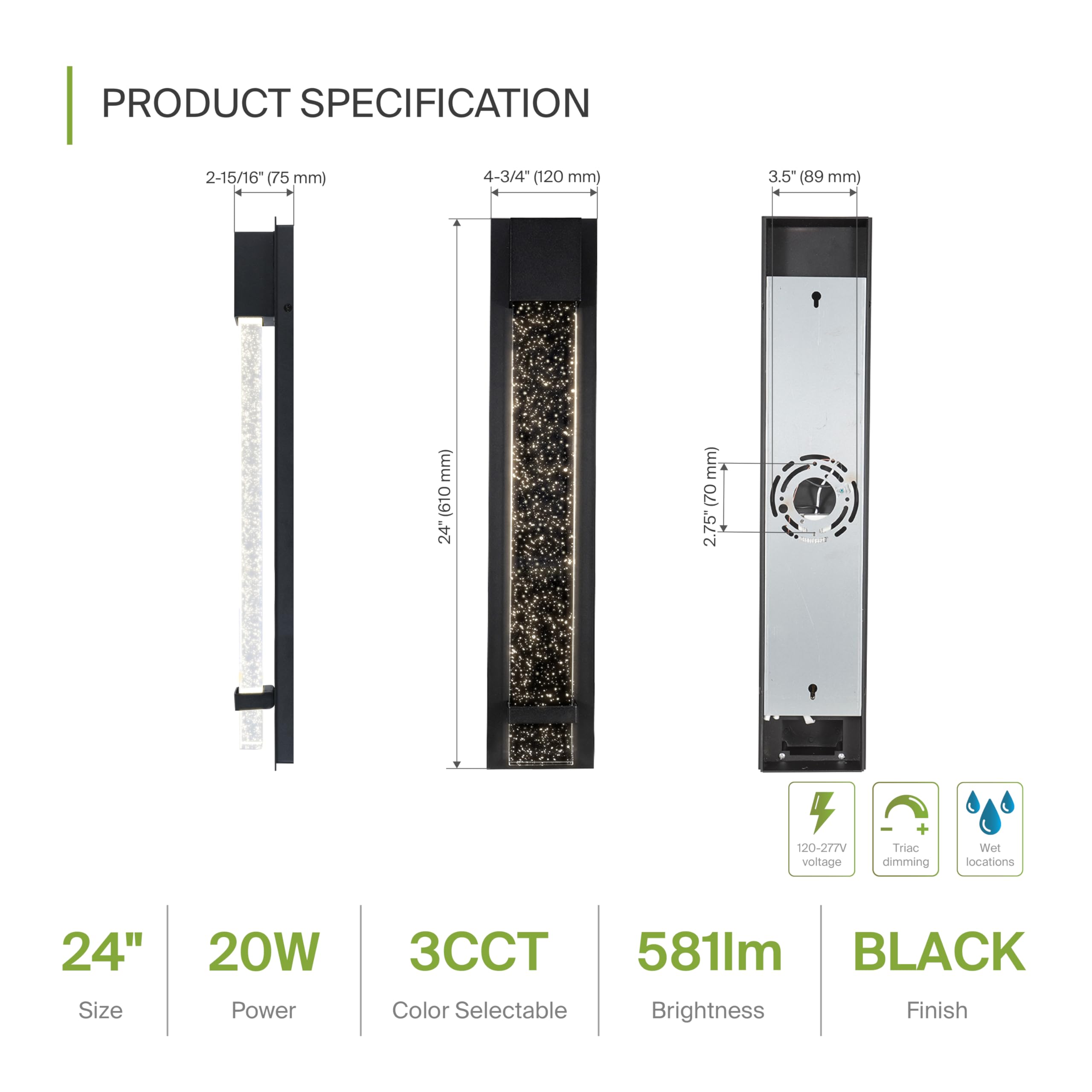 ASD LED Wall Light Fixture - 24 Inch, 20W, Dimmable, 3000K-5000K, Waterproof, Black, Model A-LWS26SMV-24