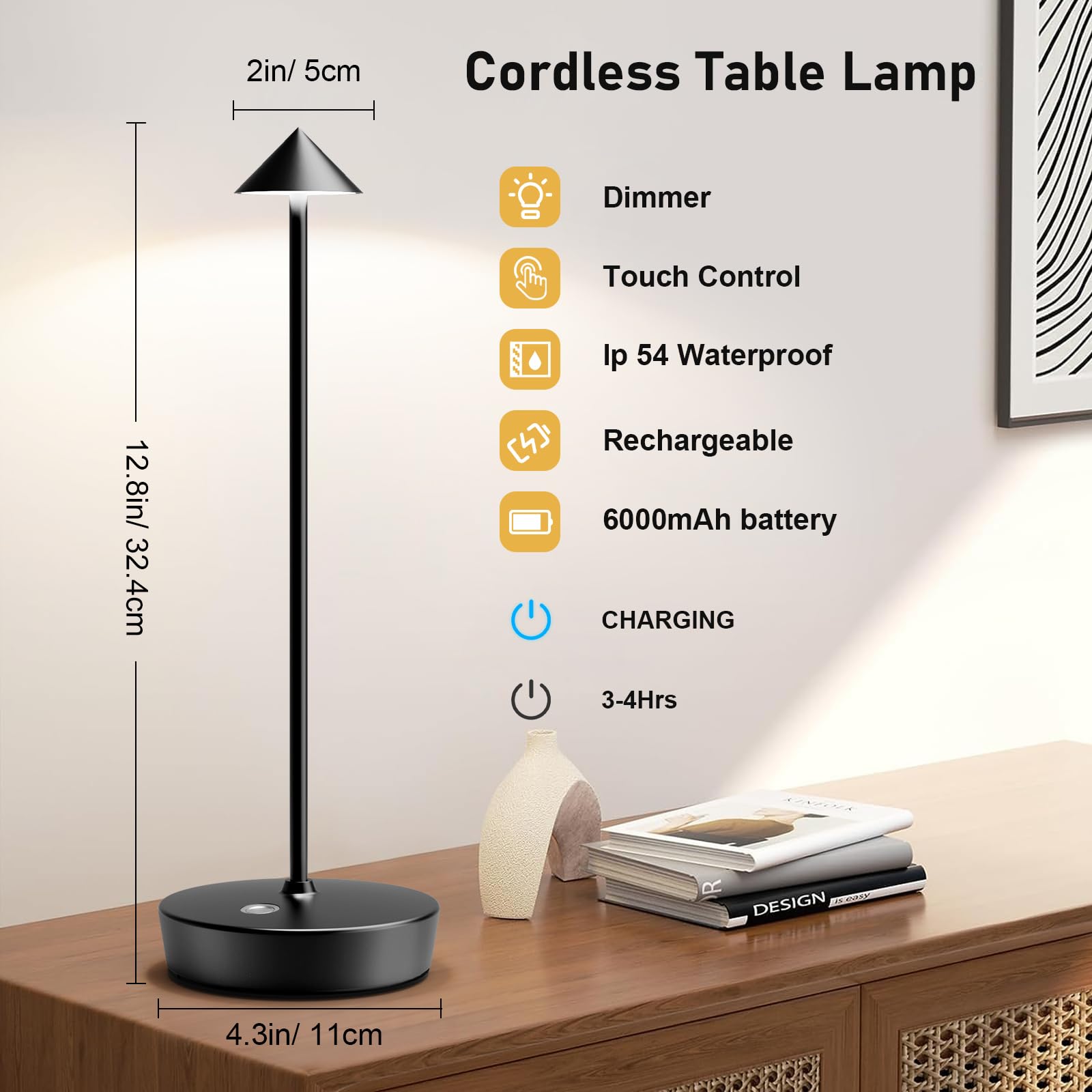 Tpczqj Set of 2 Cordless Table Lamps, 6000mAh LED, Touch 3 Color Dimming, 13inx4in, Black