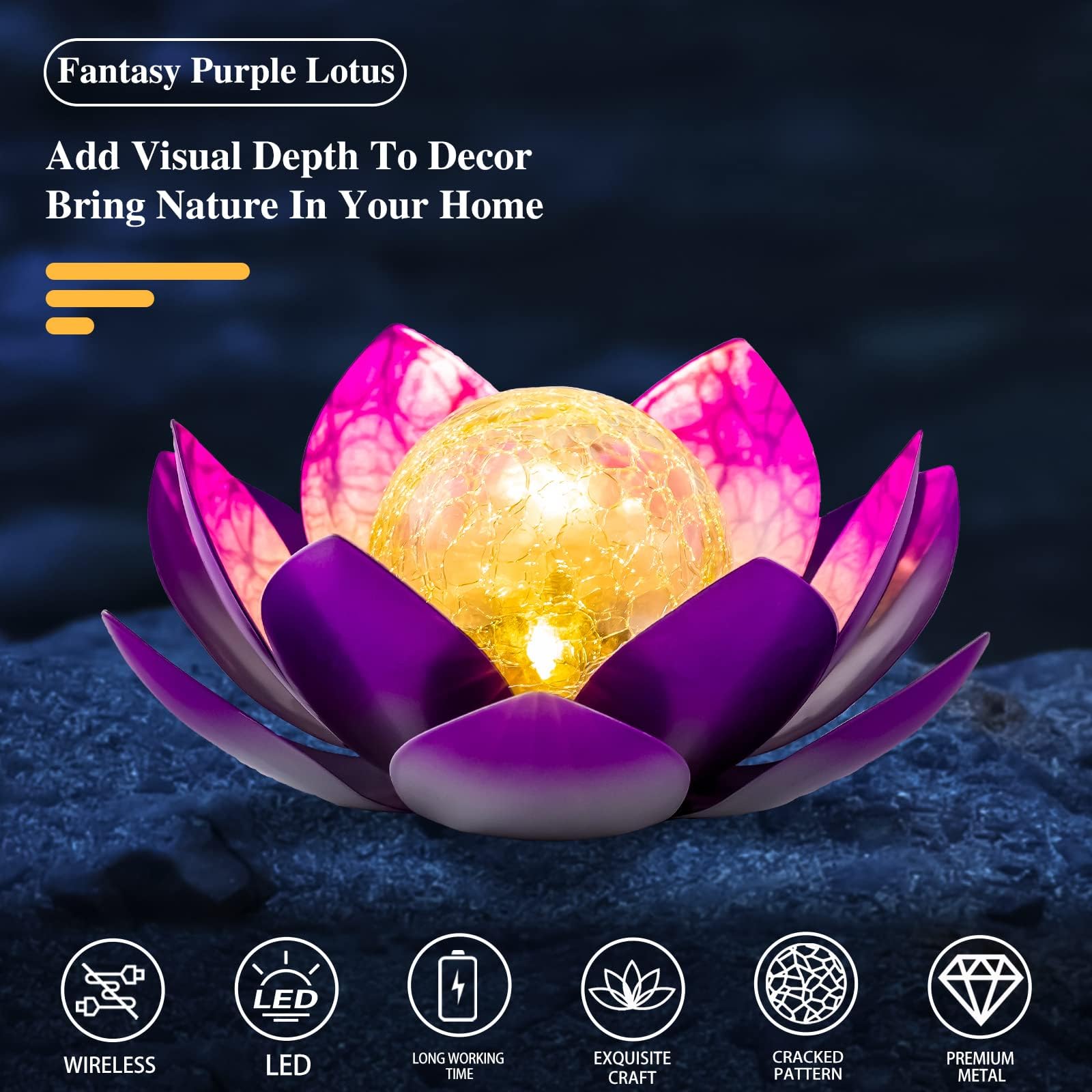 Aiiny Solar Light Outdoor(2Pack), Art Crackle Globe Glass Lotus Decoration, Solar Led Waterproof Purple Metal Flower Lights For