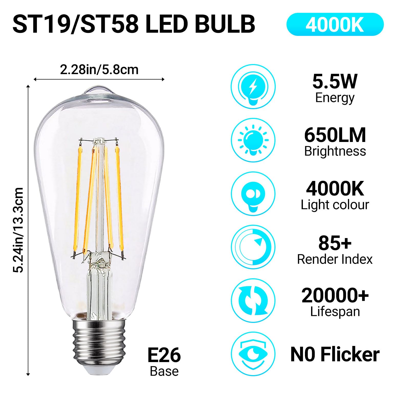 Listocasa St19 Vintage Led Edison Bulbs 5.5W(Equivalent 60W),650Lm St58 Antique Led Filament Bulbs Dimmable Natural Daylight Whi