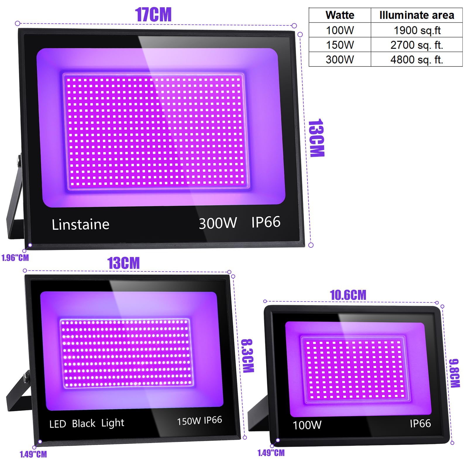 300W Blacklight Floodlight With 10Ft Cable, Waterproof Led Black Light Flood Light With Switch&Plug For Outdoor Neon Party, Hall