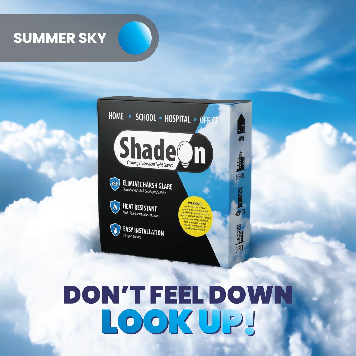 Shadeon Fluorescent Light Covers For Ceiling Lights (4-Pack) - 2X4 Ft Magnetic Light Covers For Ceiling Lights Classroom - Office Light Covers For Fluorescent Lights - Summer Sky