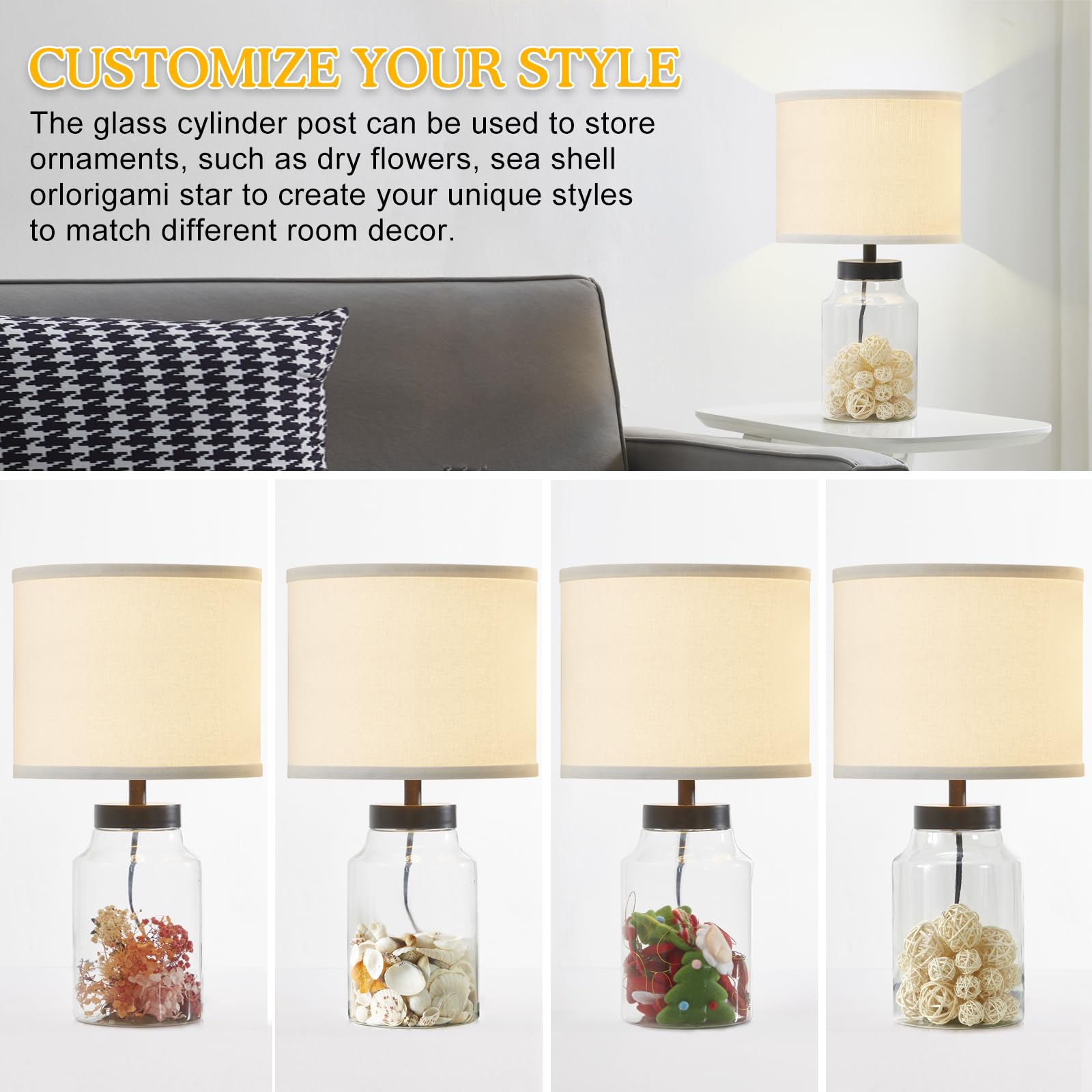 GyroVu Fillable Table Lamp - Modern Glass Lamp with White Lampshade for Living Room, Bedroom, Office - Bulbs Included