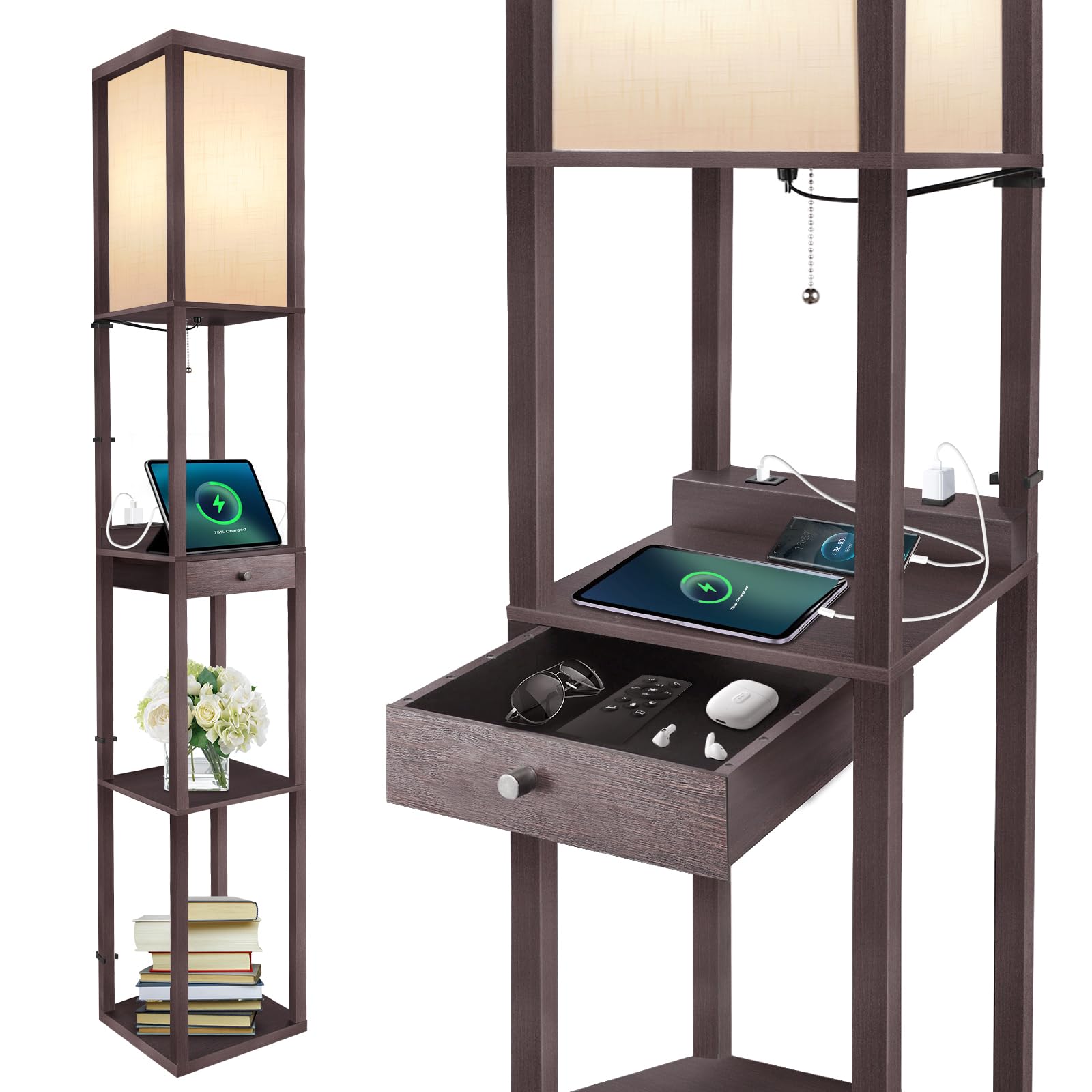 OUTON Deluxe Floor Lamp with 1 Drawer, 2 USB-C Ports, 2 AC Outlets, Wood, Walnut, Model CJD-CT-WT-03