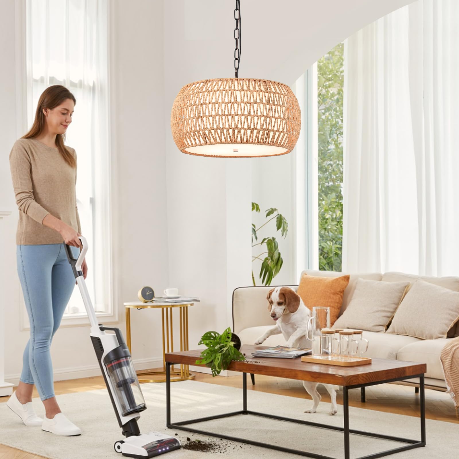 MEIXISUE Boho Rattan Chandelier, 5-Light Drum Pendant, 18" Natural Fabric Shade, UL Listed for Dining Room & Kitchen Island
